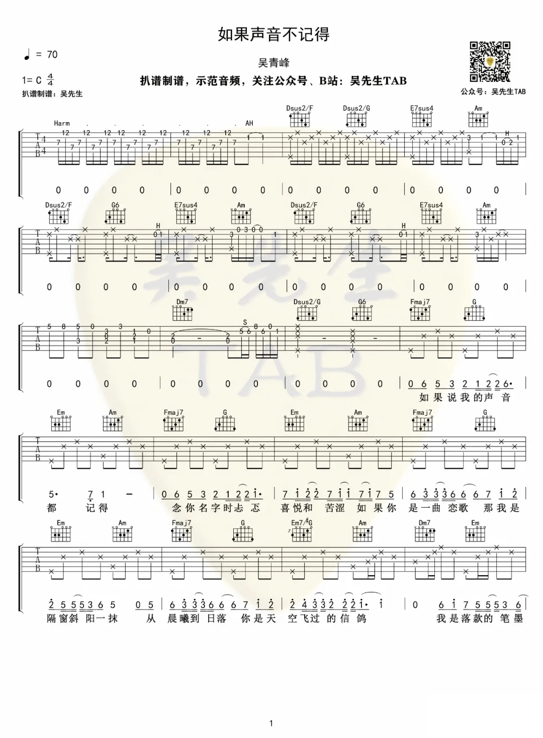 如果声音不记得吉他谱1-吴青峰