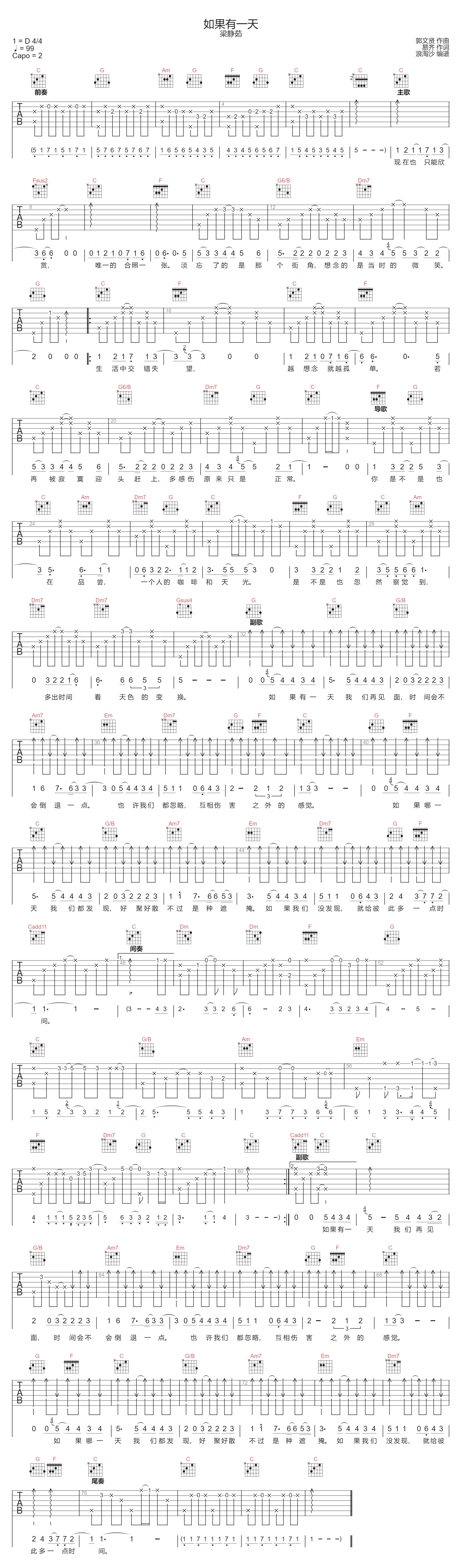 如果有一天吉他谱-梁静茹
