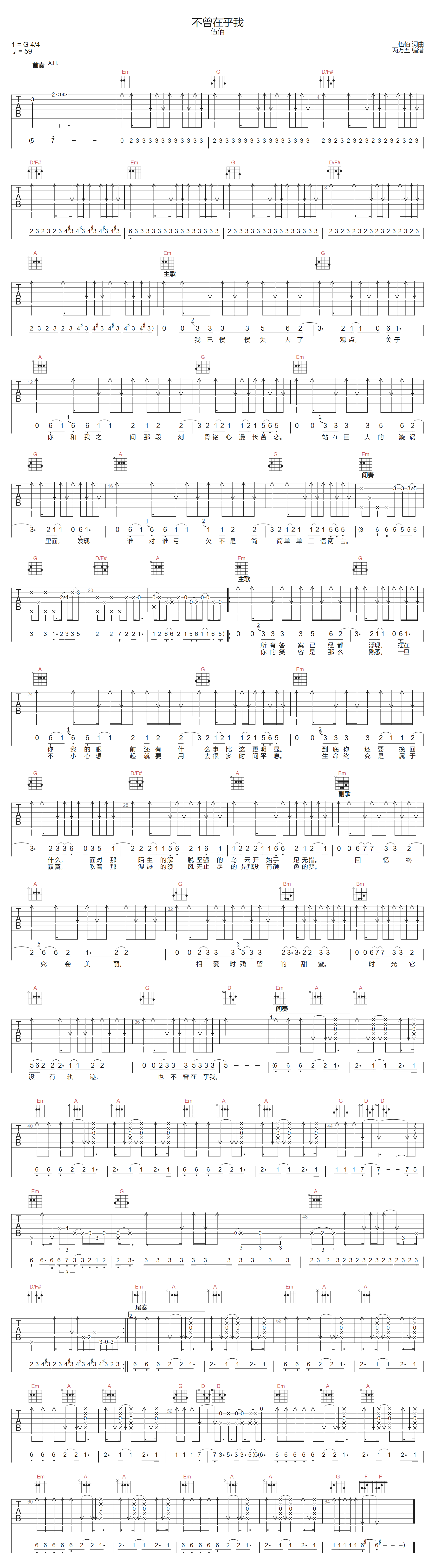 不曾在乎我吉他谱-伍佰