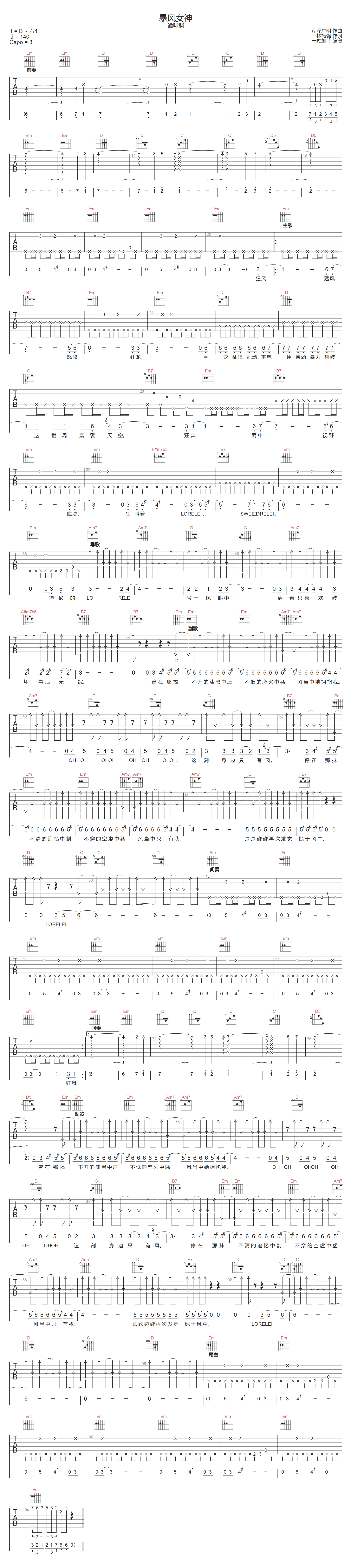 暴风女神吉他谱-谭咏麟
