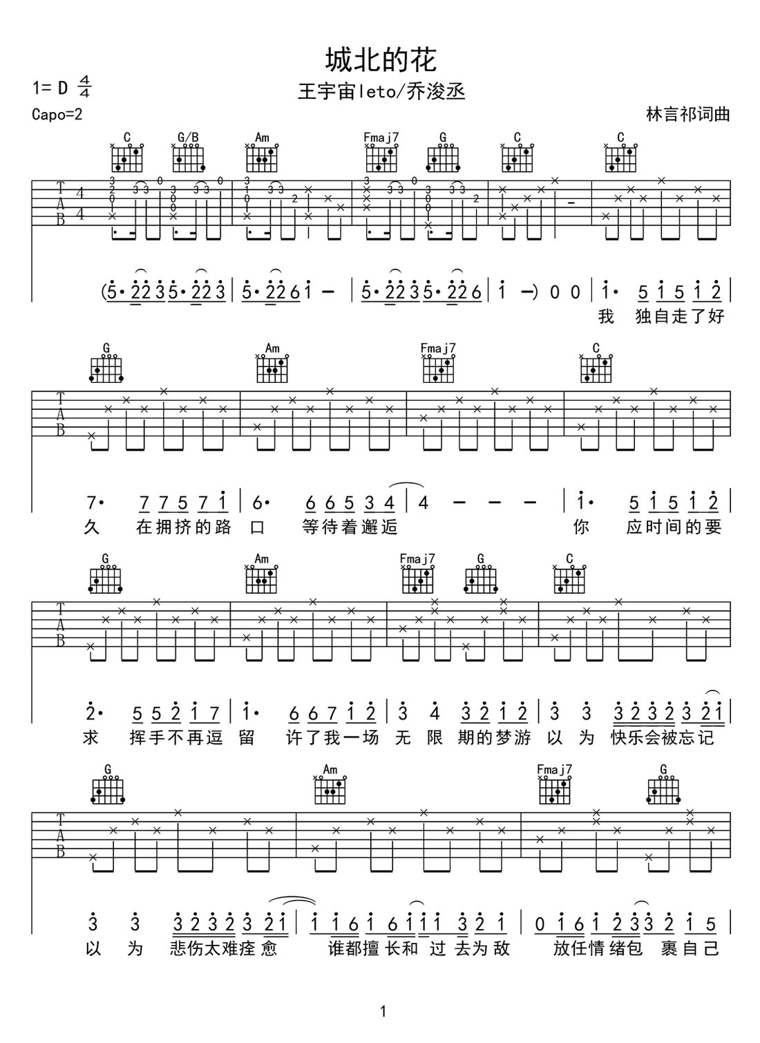 城北的花吉他谱1-王宇宙Leto