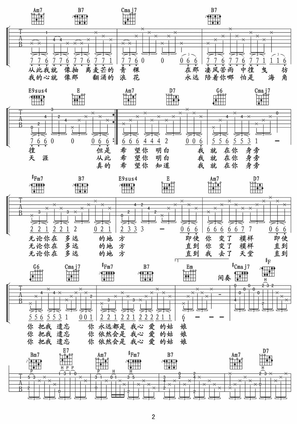 你是我心爱的姑娘吉他谱2-汪峰