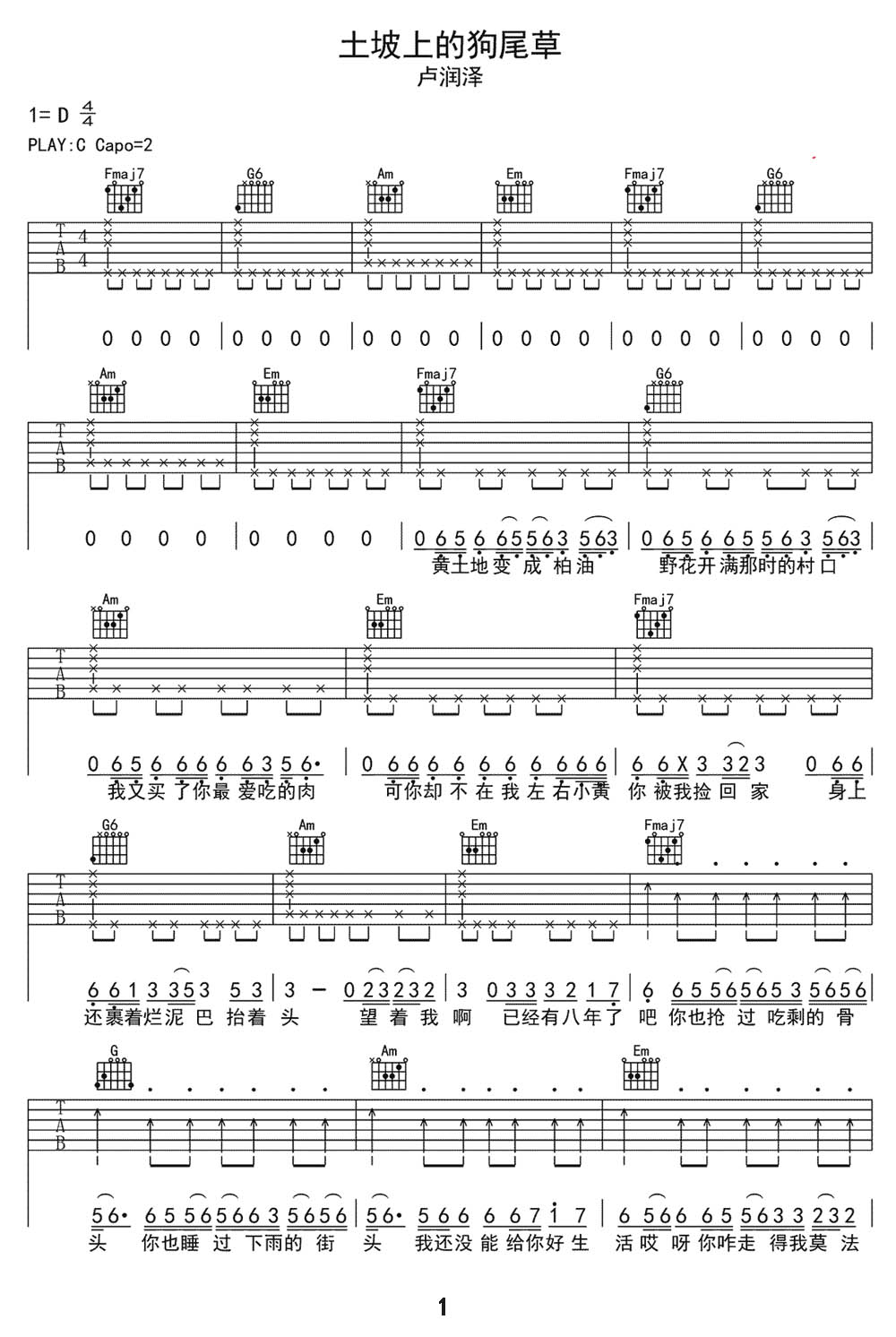 土坡上的狗尾草吉他谱1-卢润泽