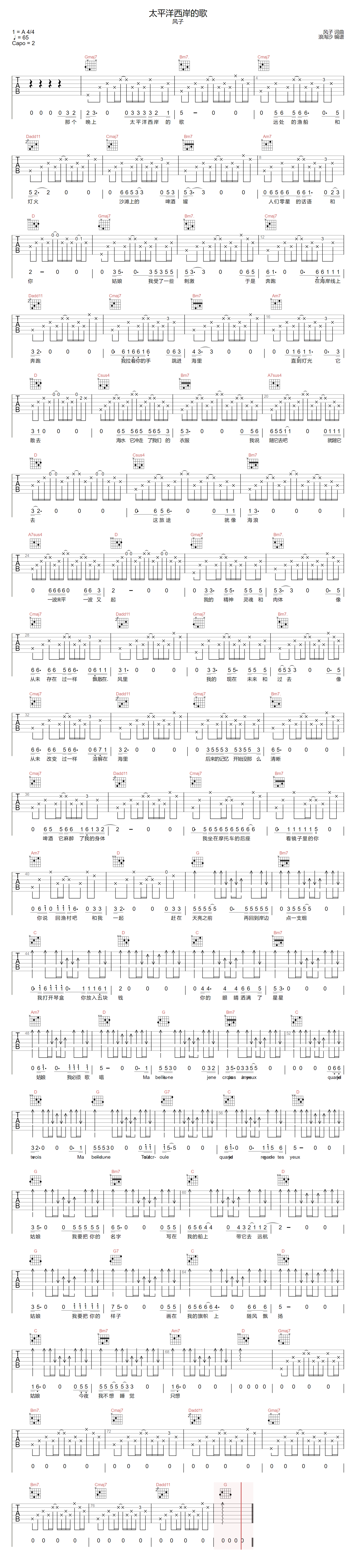 太平洋西岸的歌吉他谱预览图
