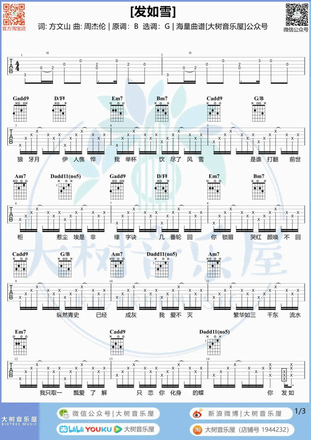 发如雪吉他谱预览图