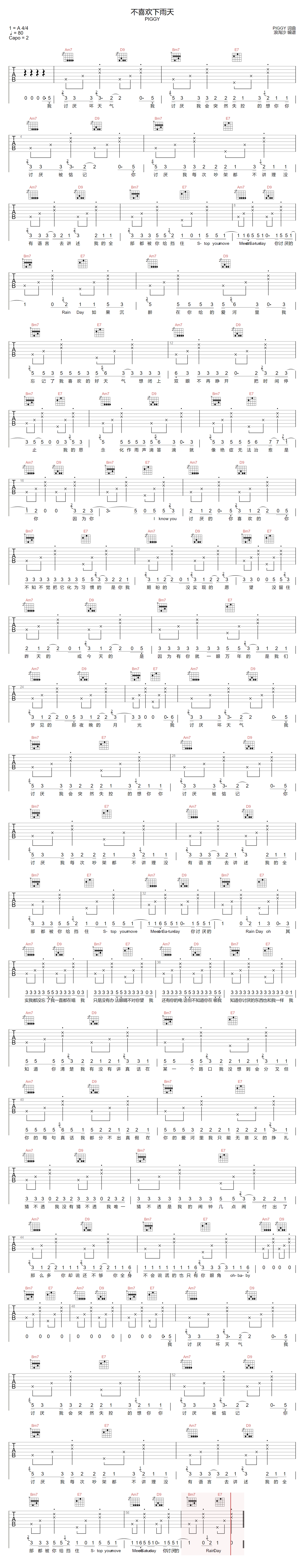 不喜欢下雨天吉他谱预览图