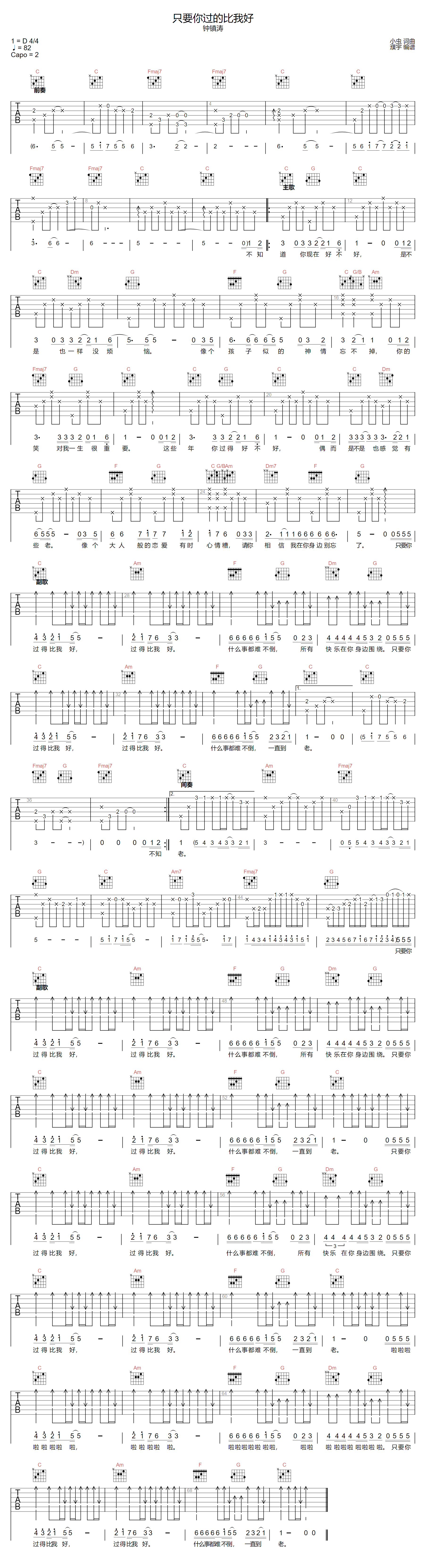 只要你过得比我好吉他谱预览图