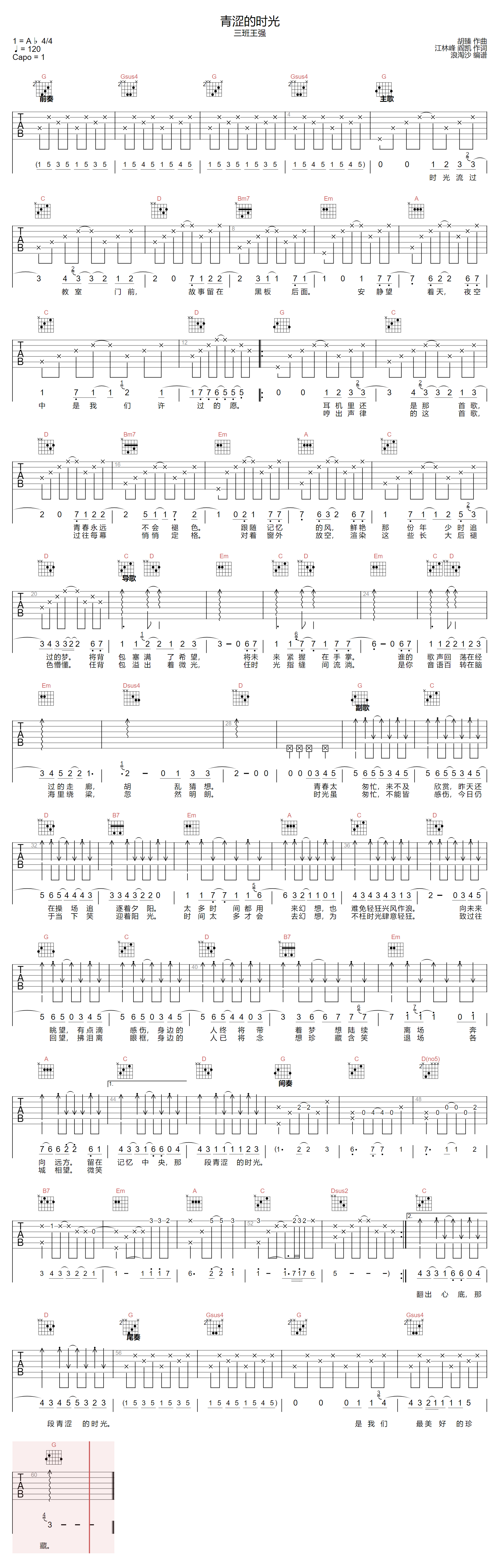 青涩的时光吉他谱预览图