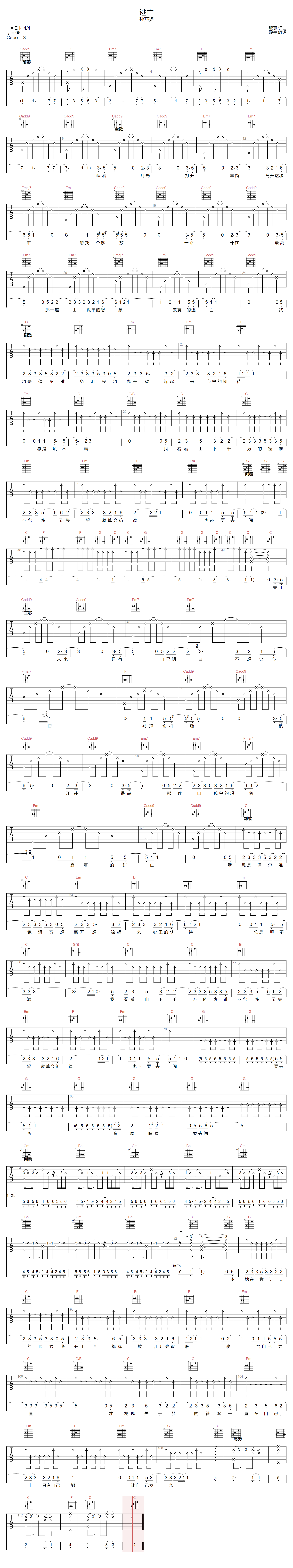 逃亡吉他谱预览图