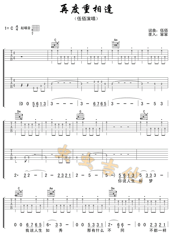 再度重相逢吉他谱预览图