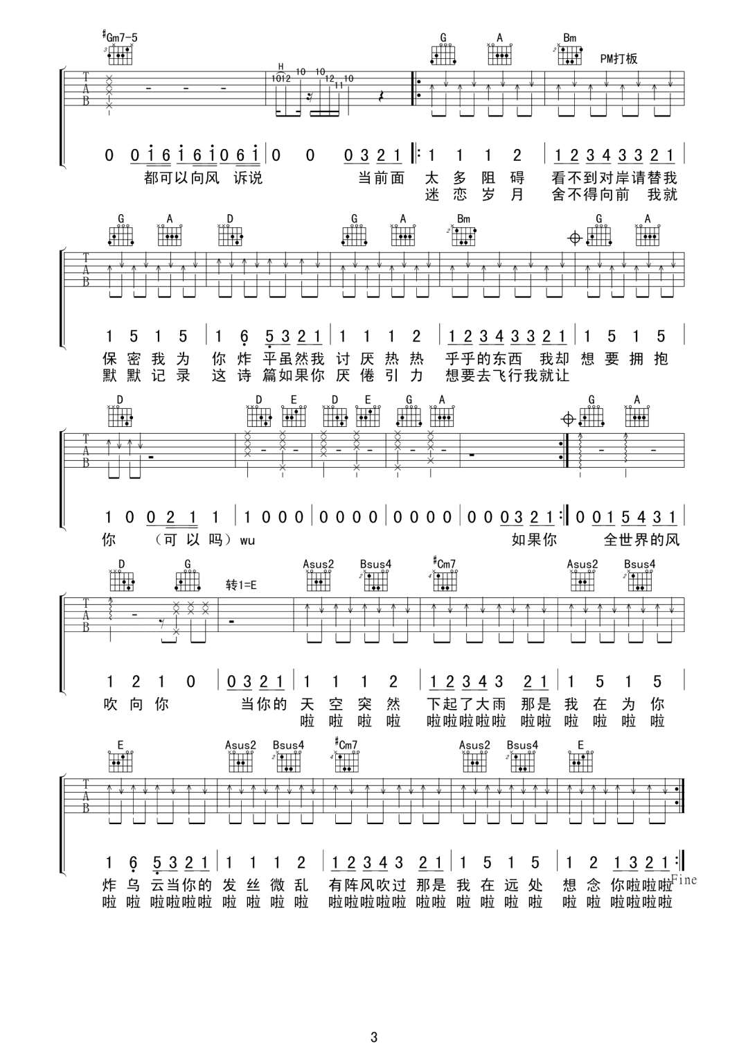 让风告诉你吉他谱预览图