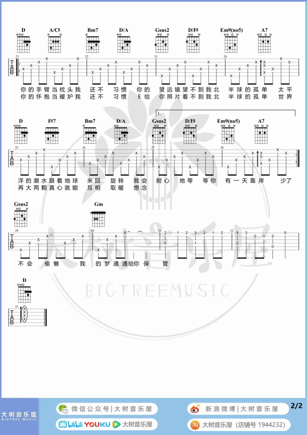 孤单北半球吉他谱预览图
