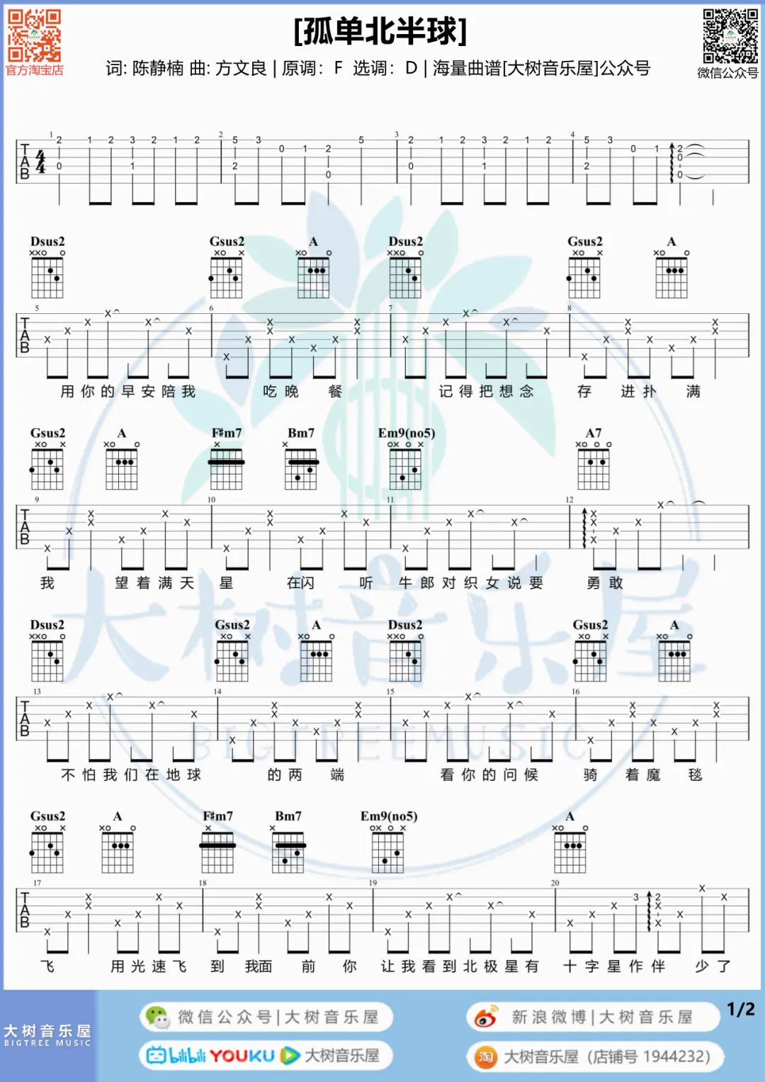 孤单北半球吉他谱预览图