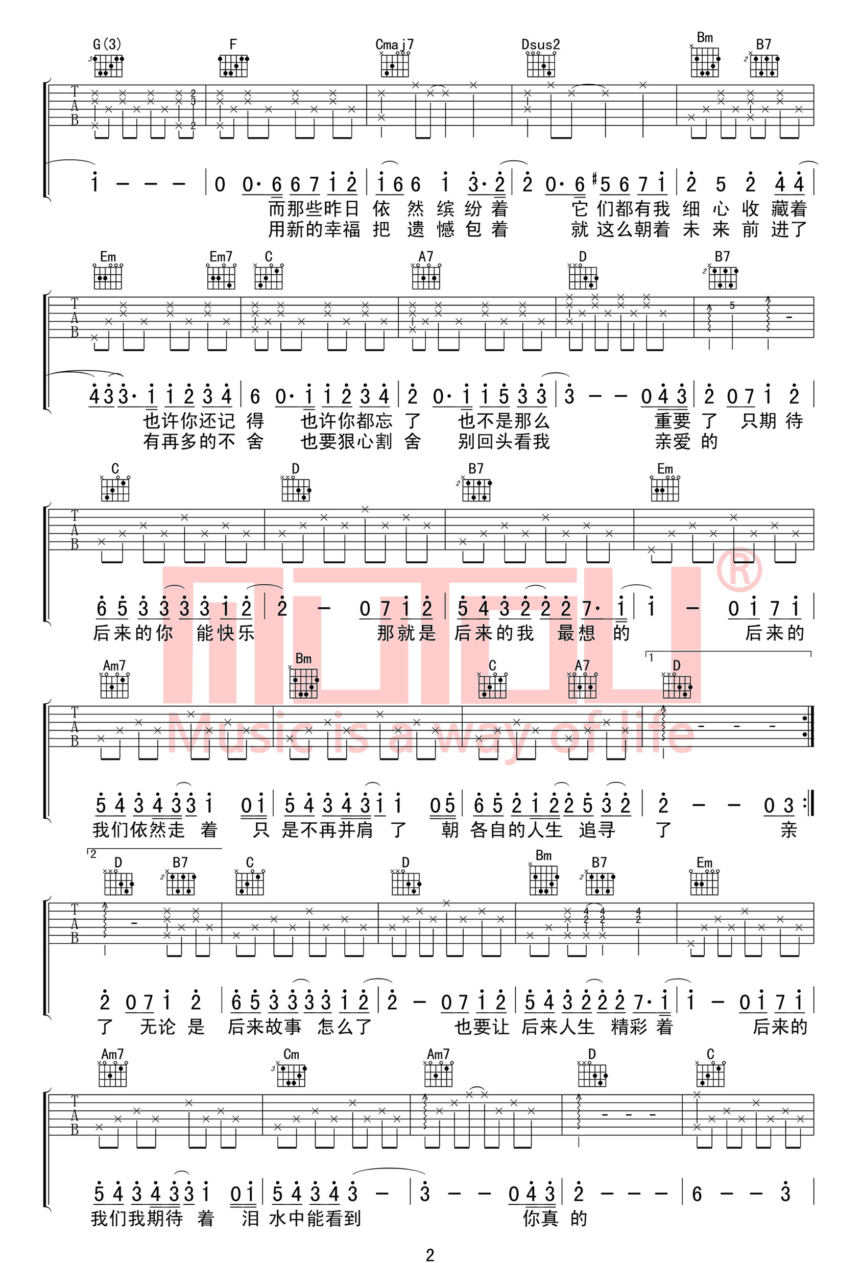 后来的我们吉他谱预览图