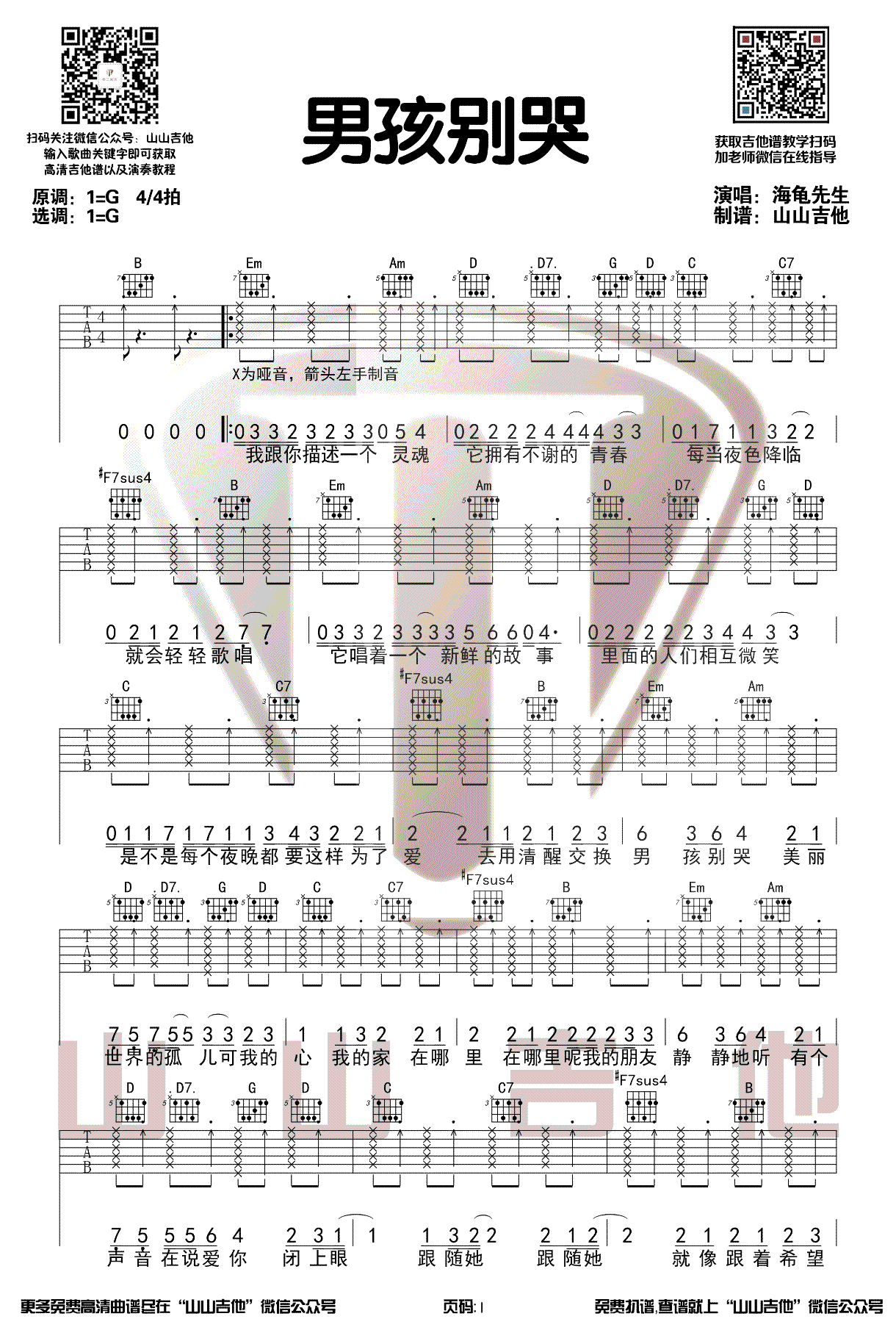 男孩别哭吉他谱预览图