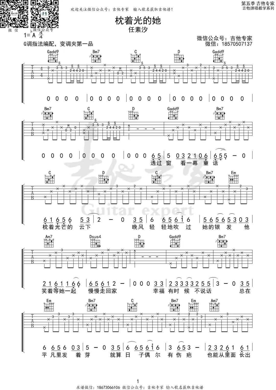 枕着光的她吉他谱预览图