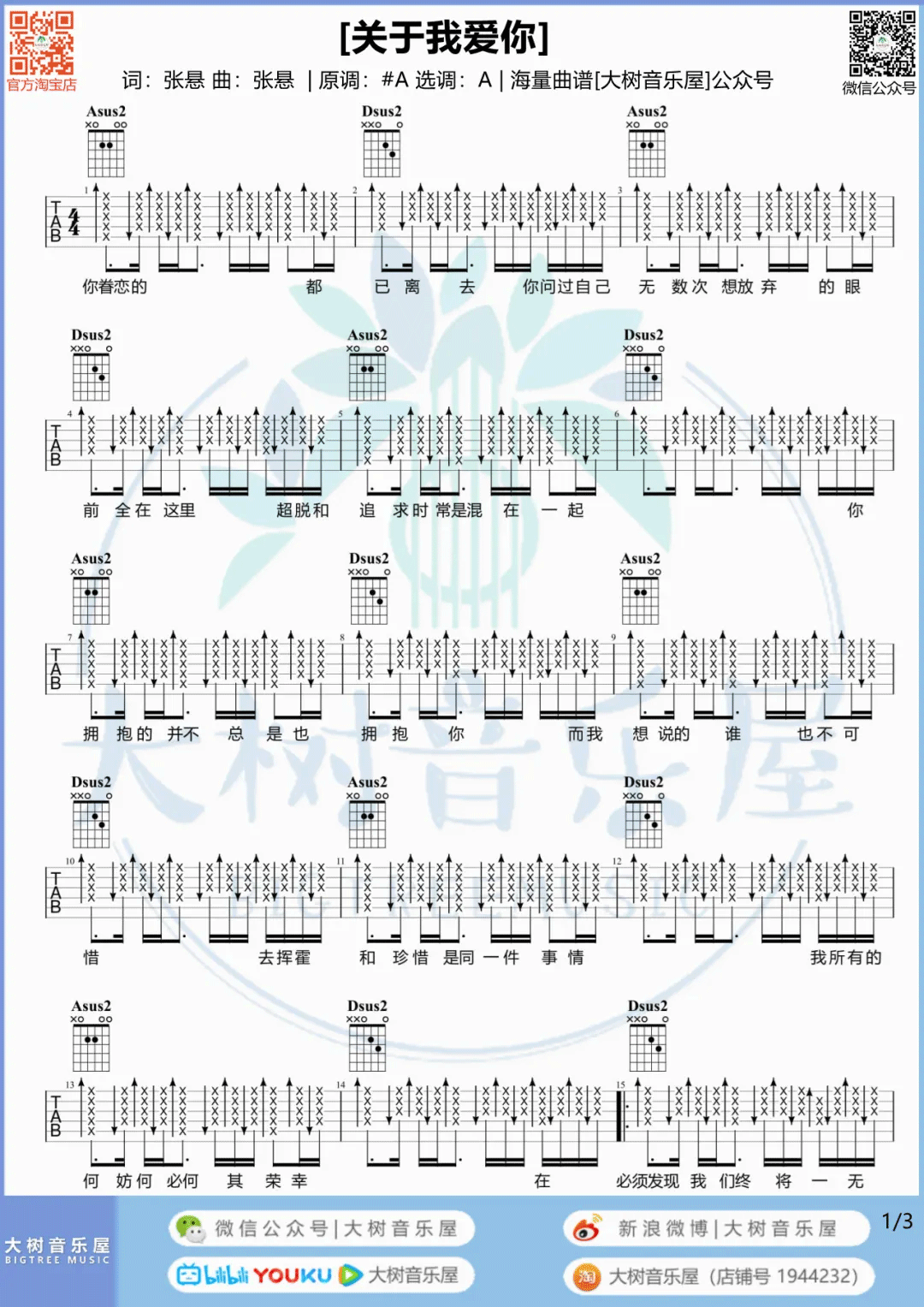 关于我爱你吉他谱预览图