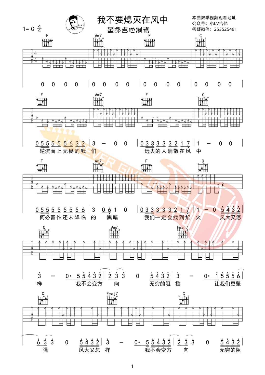 我不要熄灭在风中吉他谱预览图
