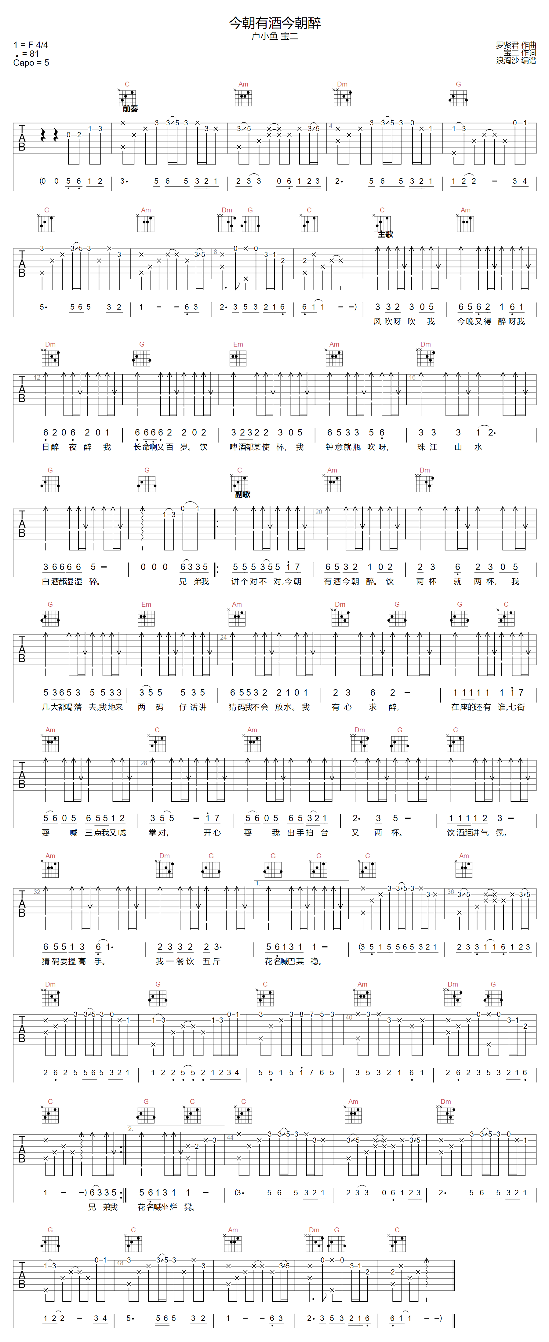今朝有酒今朝醉吉他谱预览图