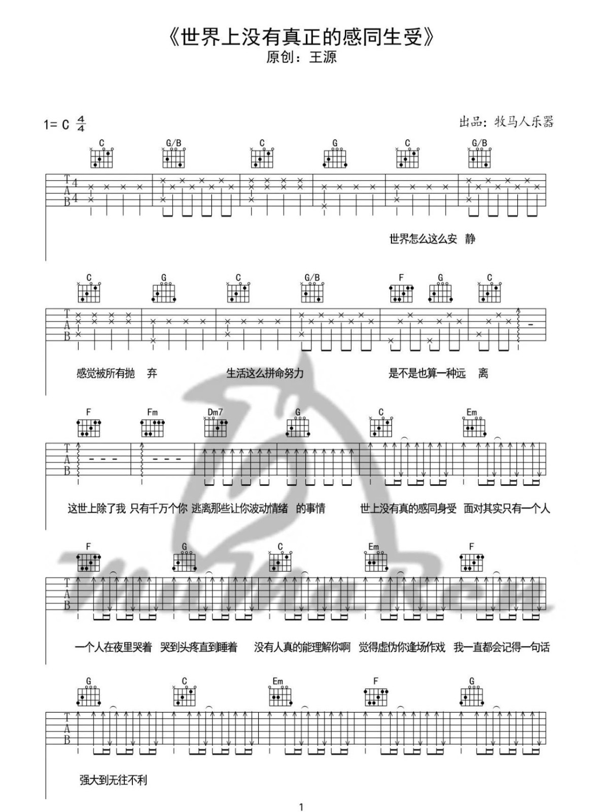 世界上没有真正的感同身受吉他谱预览图