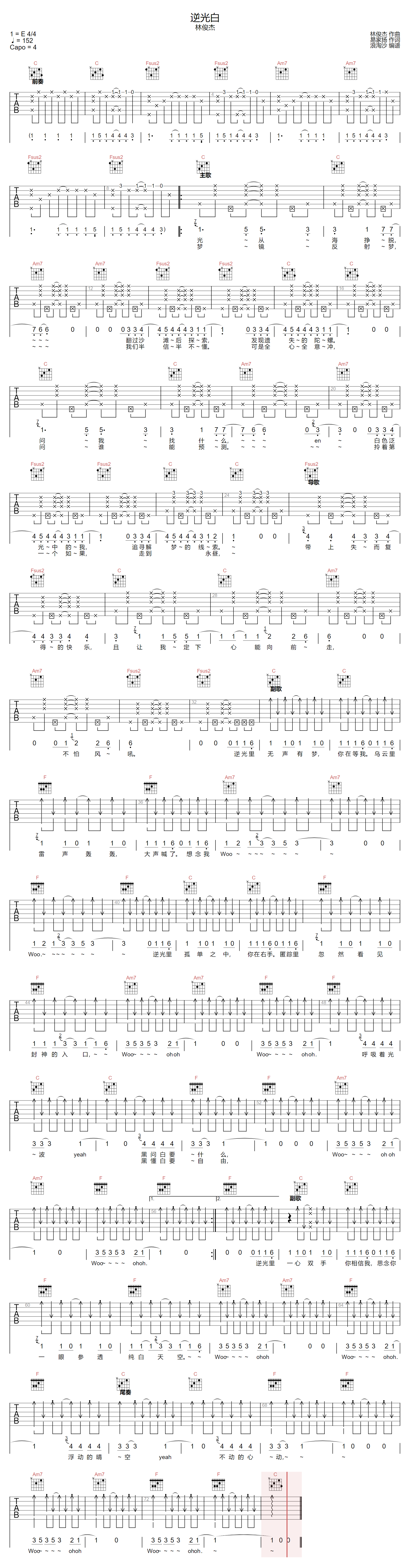 逆光白吉他谱预览图