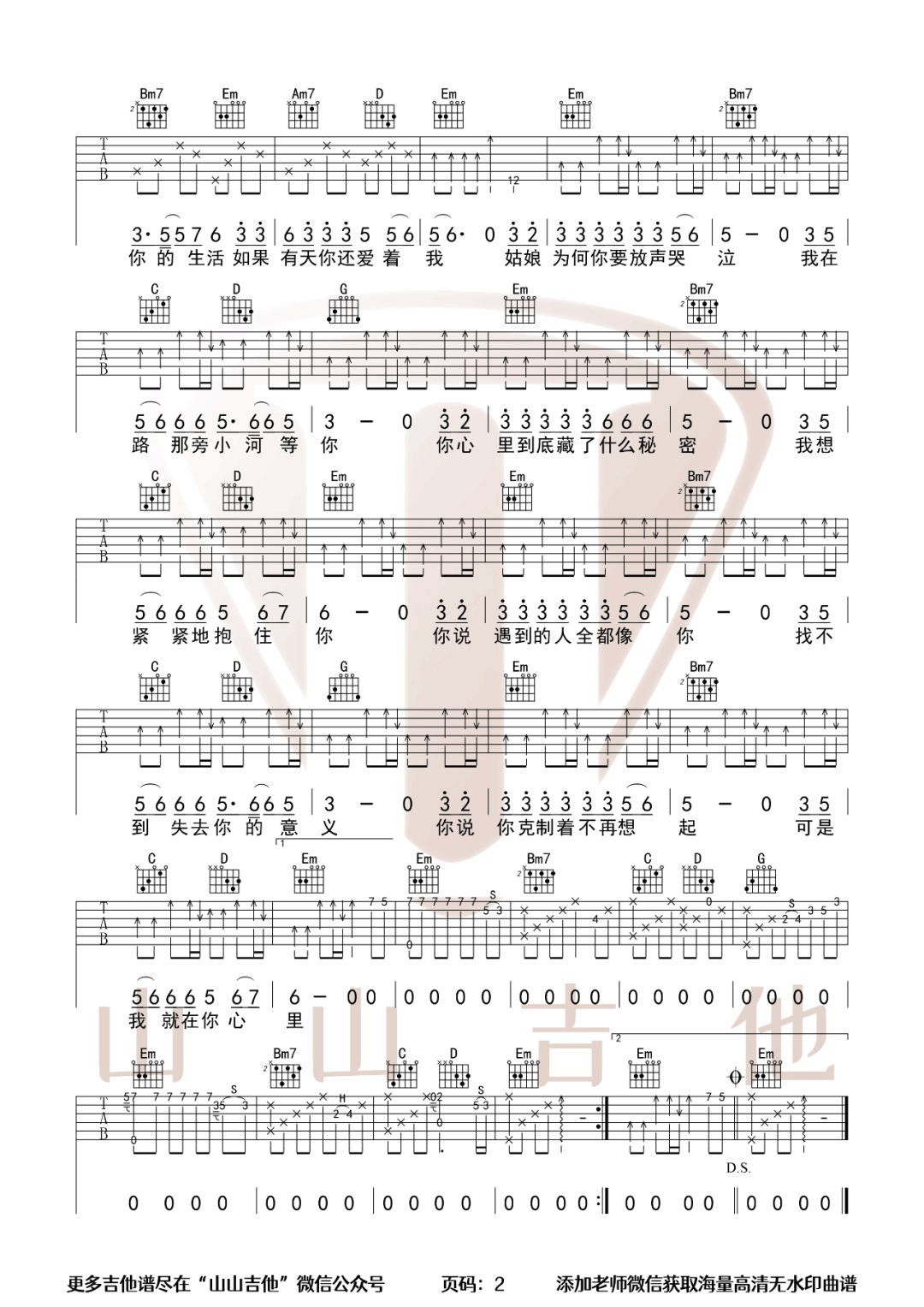 姑娘别哭泣吉他谱预览图