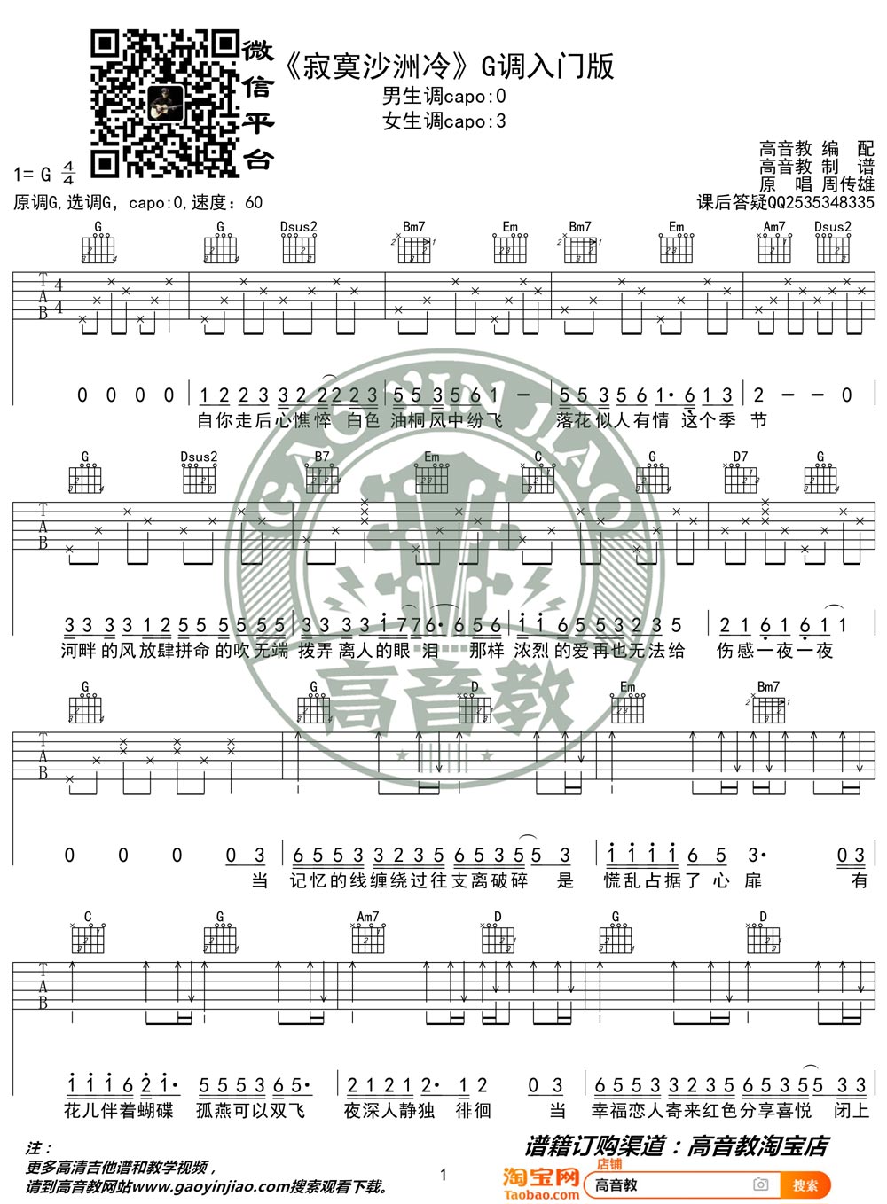 寂寞沙洲冷吉他谱预览图