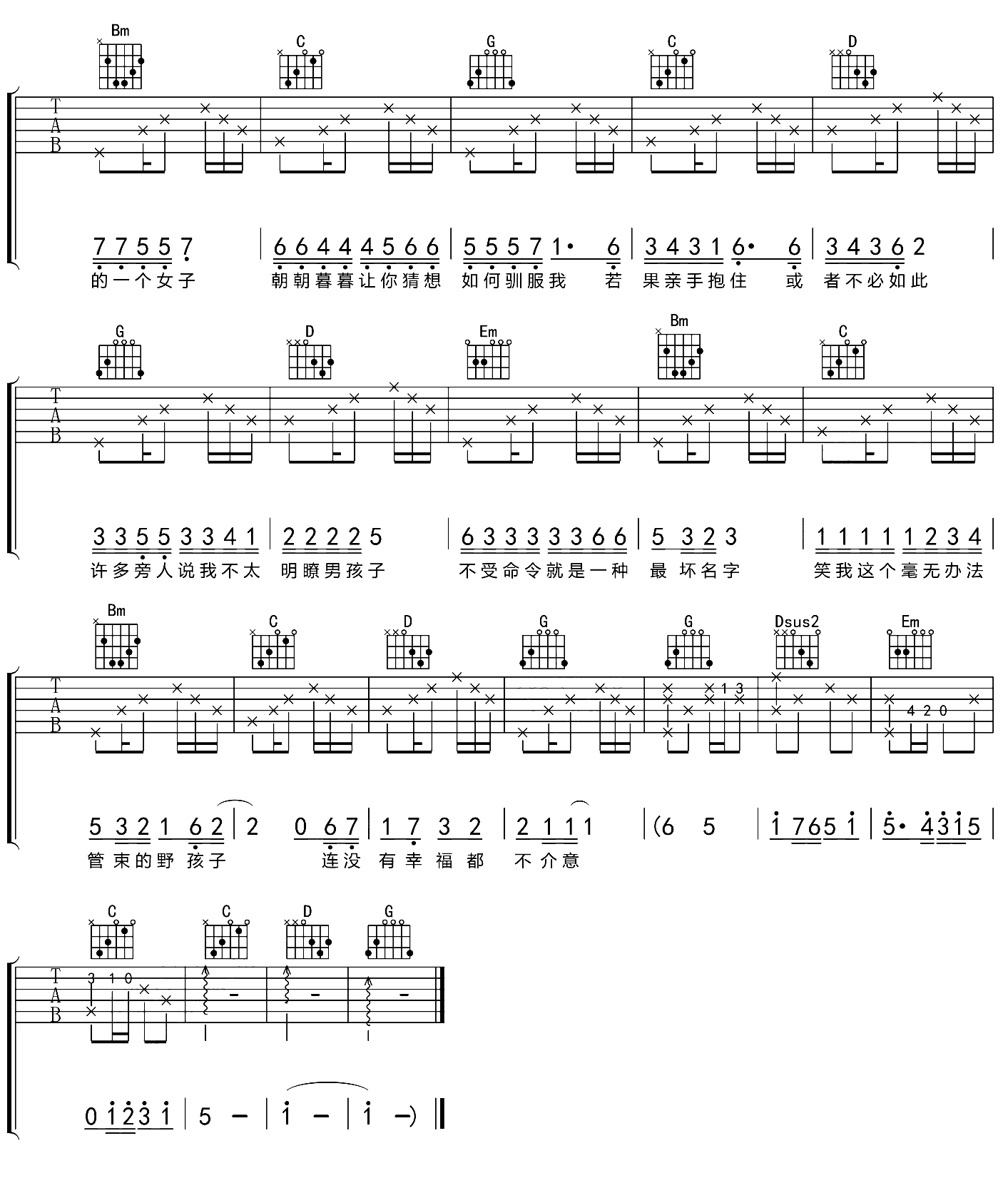 野孩子吉他谱预览图