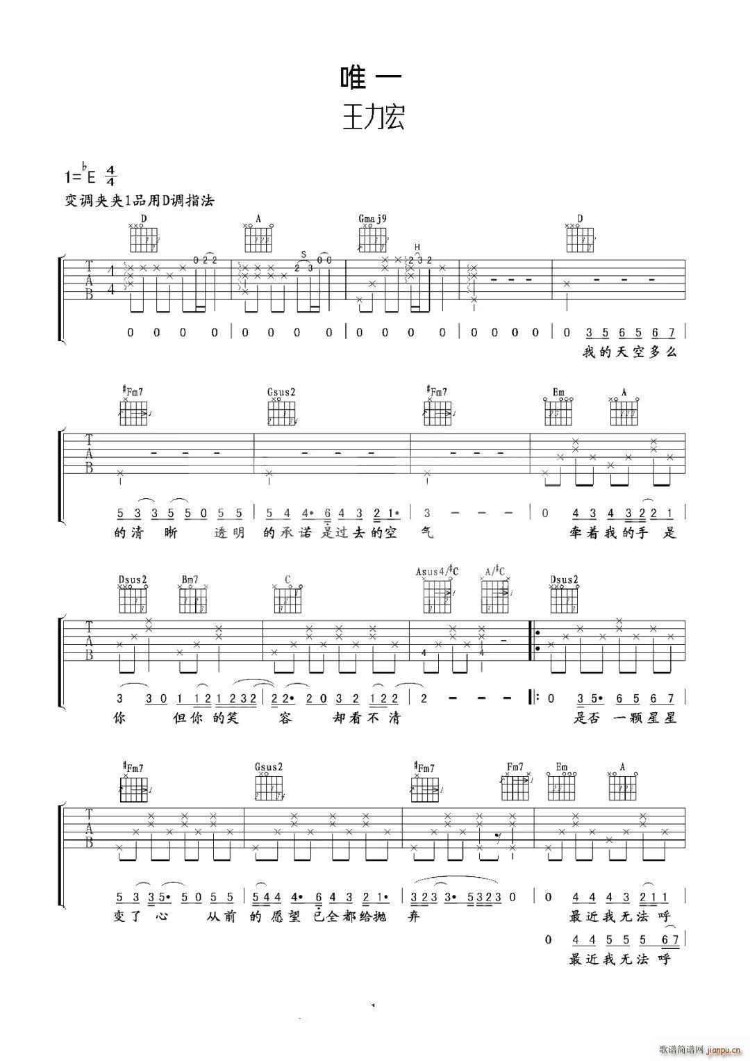 唯一 D调(吉他谱)1