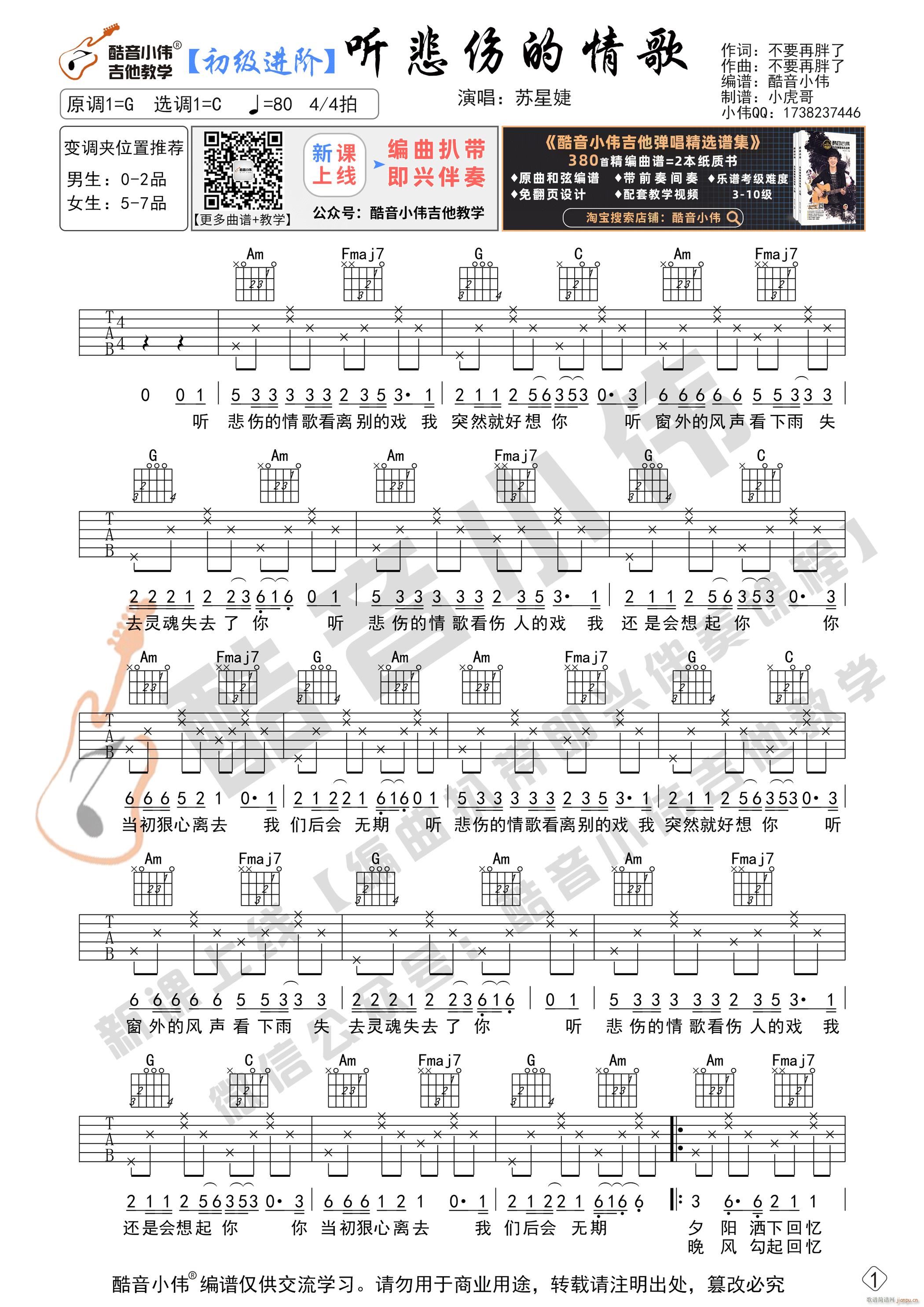 听悲伤的情歌 新手初级进阶版 酷音小伟吉他教学(吉他谱)1