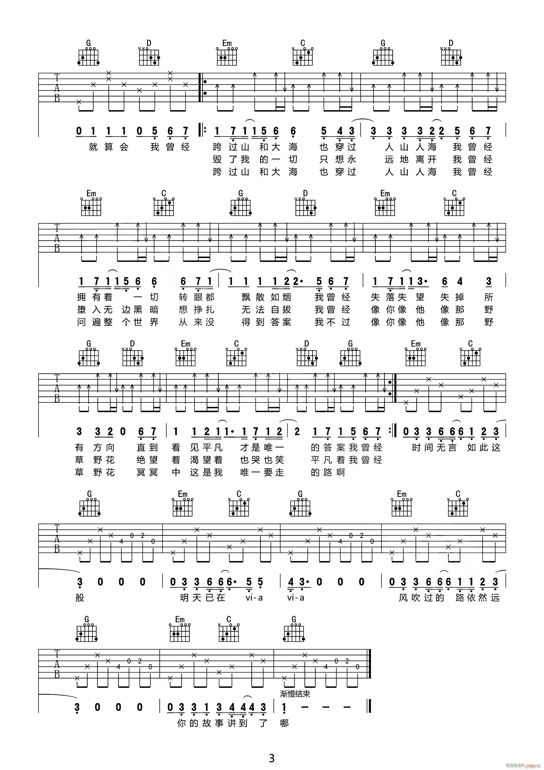 平凡之路 G调指法原版编配(吉他谱)3