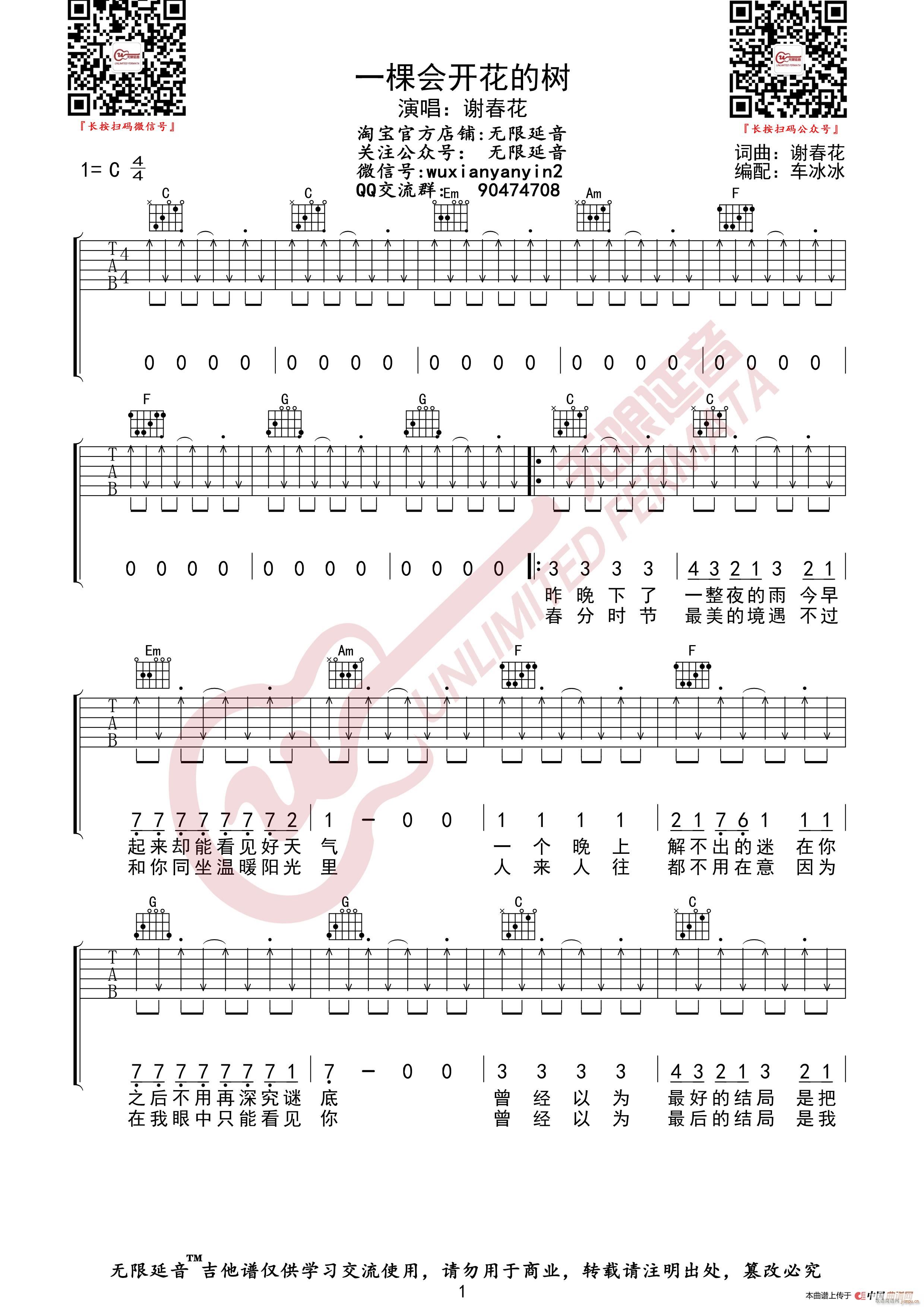 谢春花 一棵会开花的树 无限延音编配(吉他谱)1