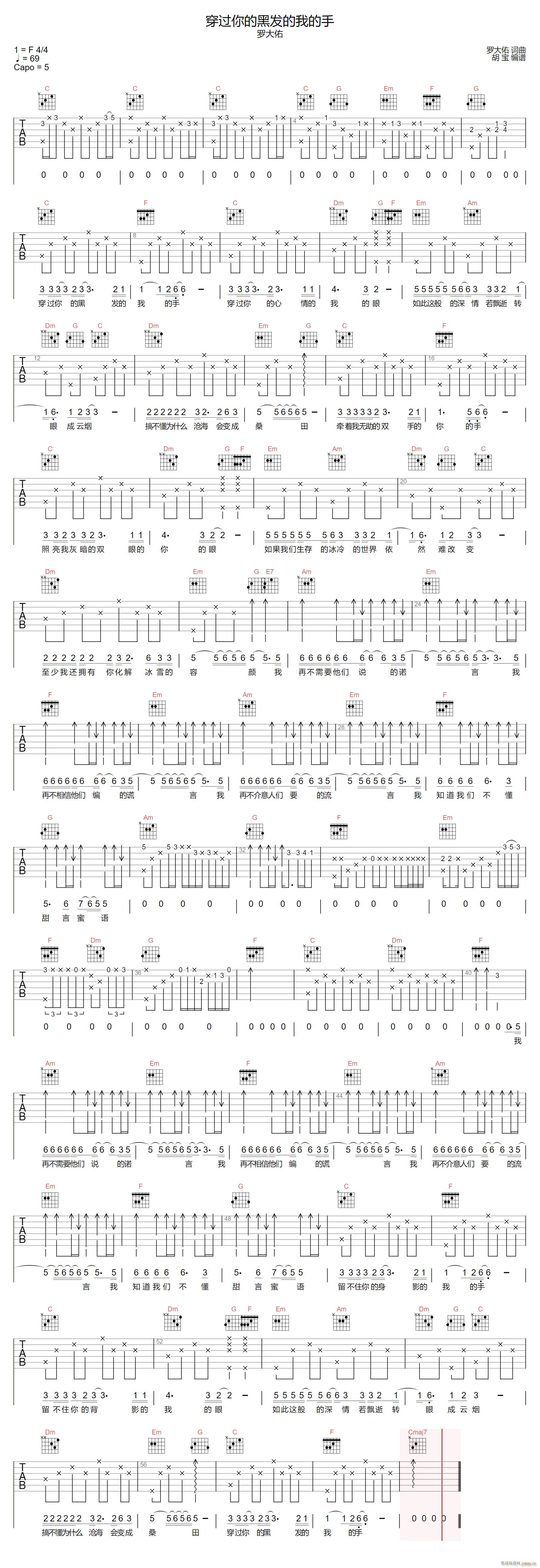 穿过你的黑发的我的手 罗大佑 C调(吉他谱)1