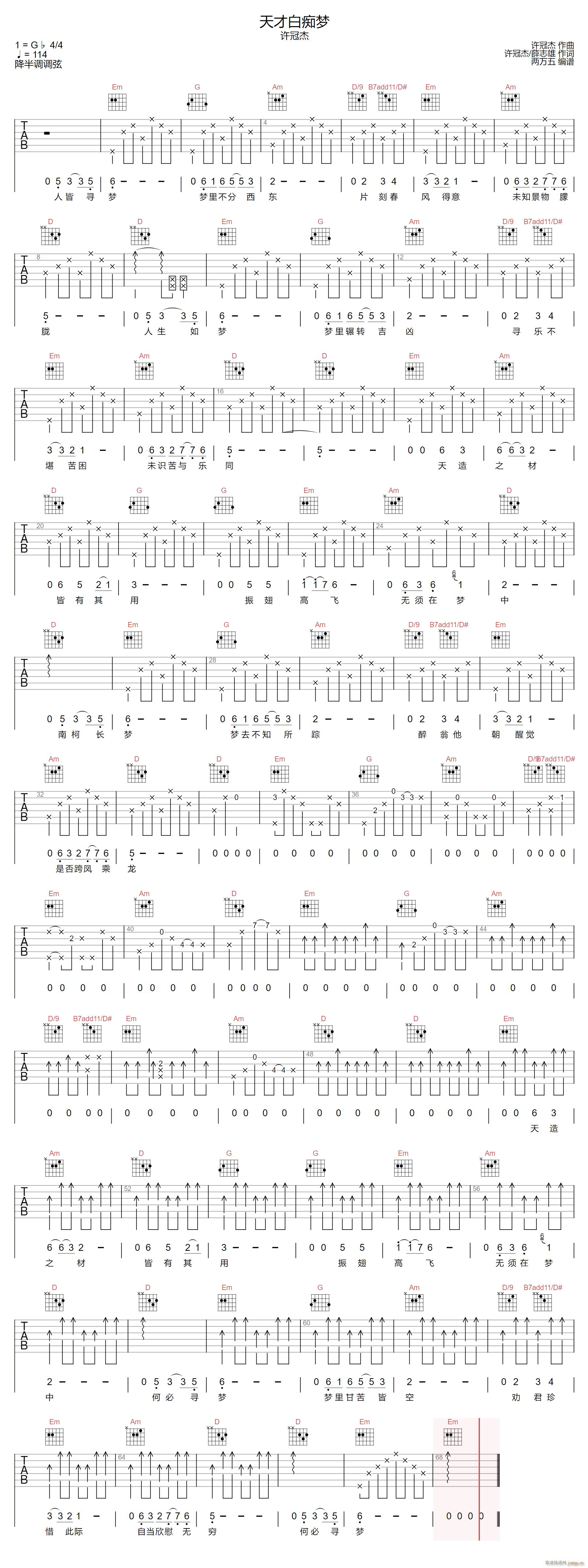天才白痴梦 G调指法编配(吉他谱)1