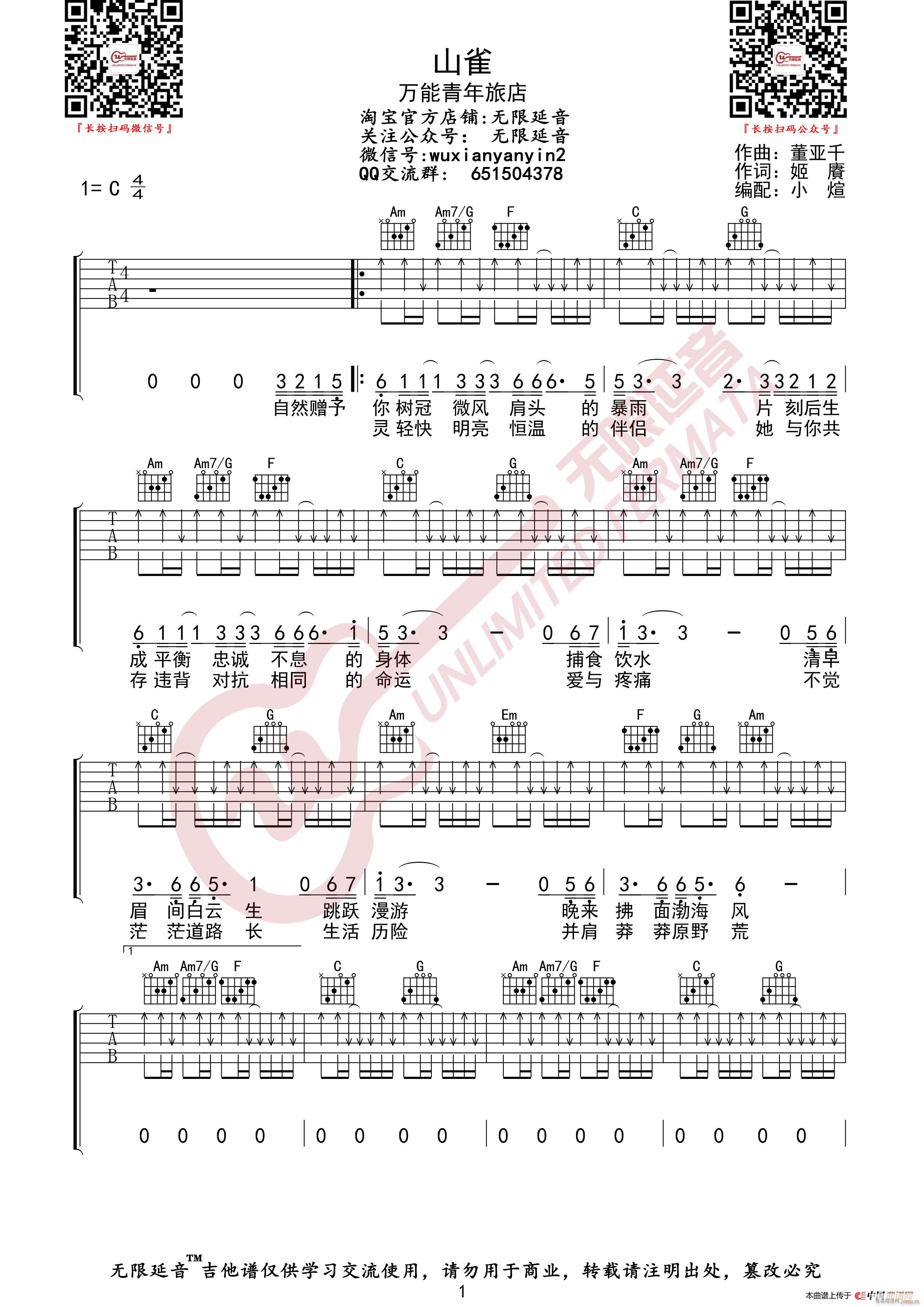万能青年旅店 山雀 无限延音编配(吉他谱)1