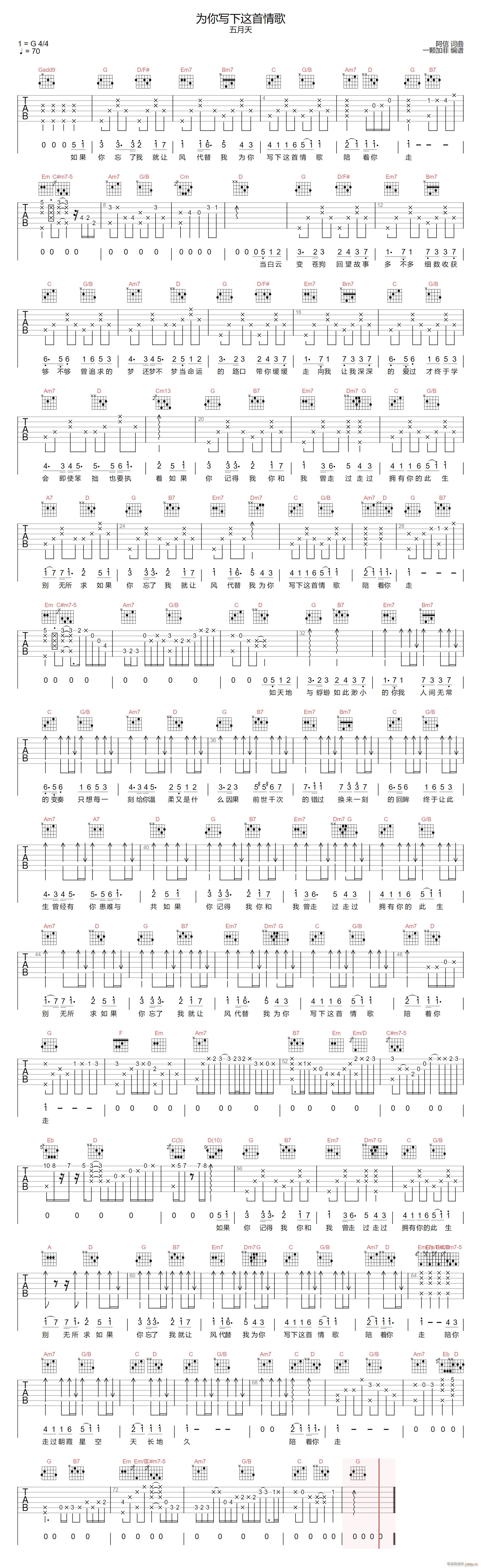 为你写下这首情歌 G调指法(吉他谱)1