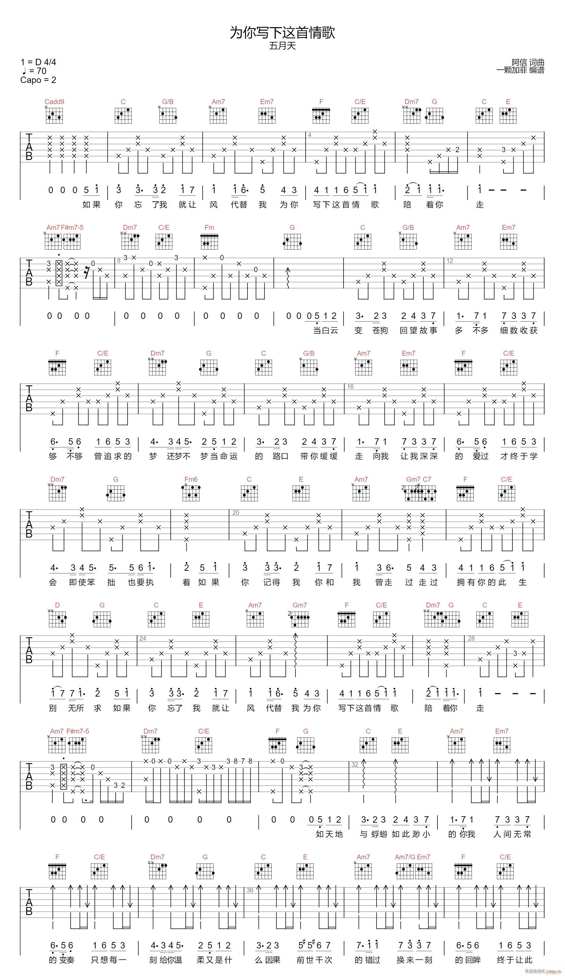 为你写下这首情歌 C调指法(吉他谱)1