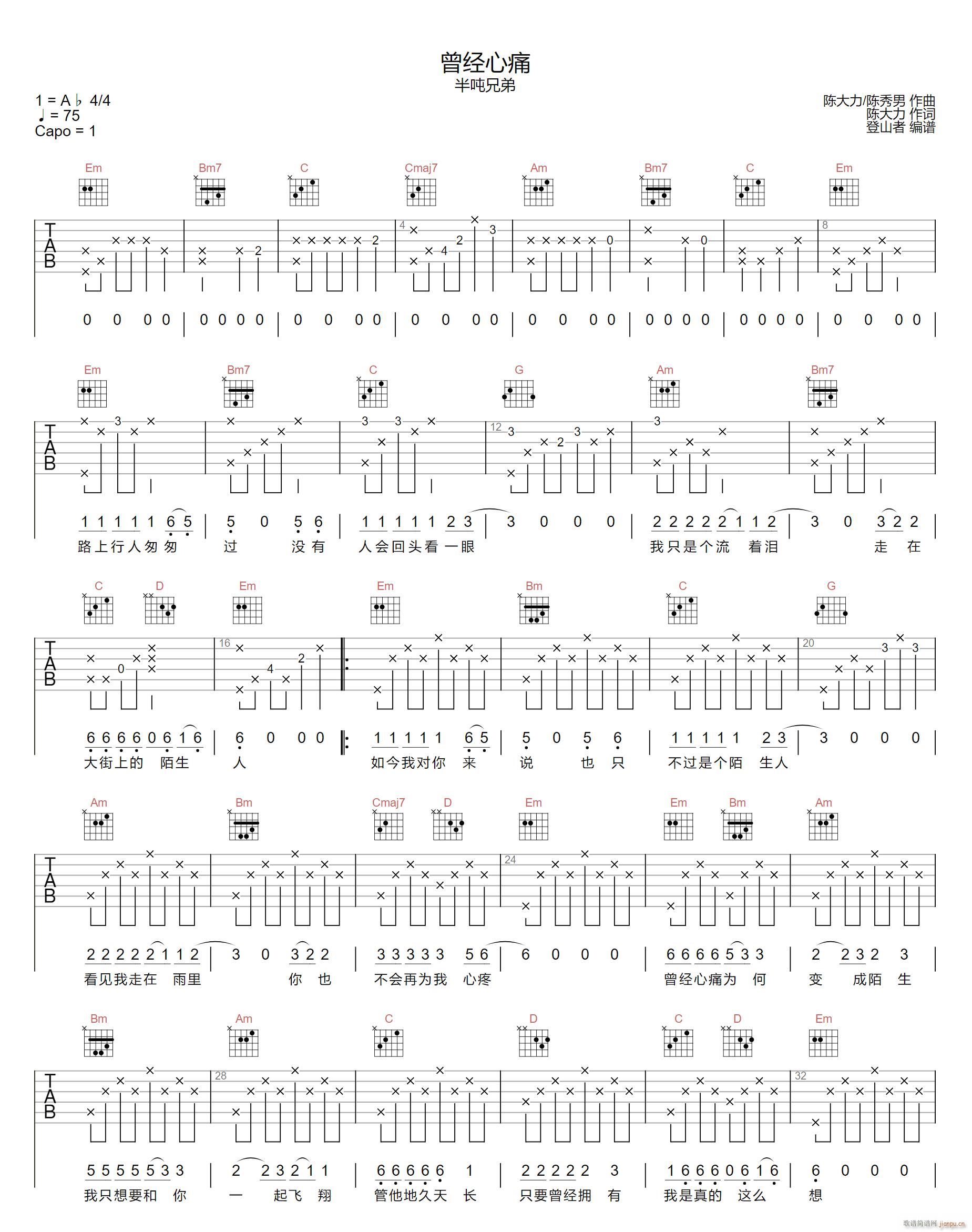 曾经心痛 半吨兄弟 G调指法(吉他谱)1