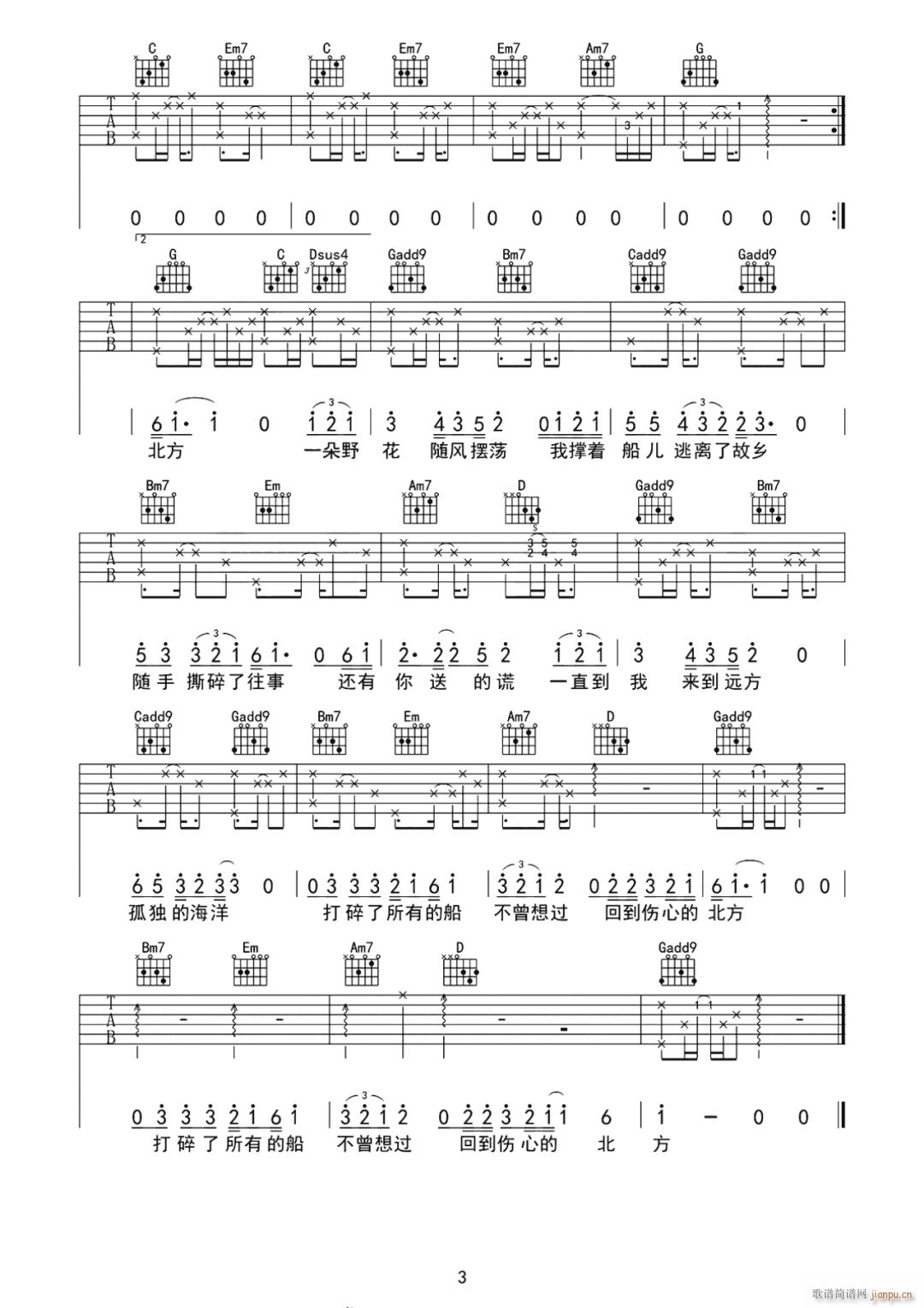 北方 G调指法原版编配(吉他谱)3