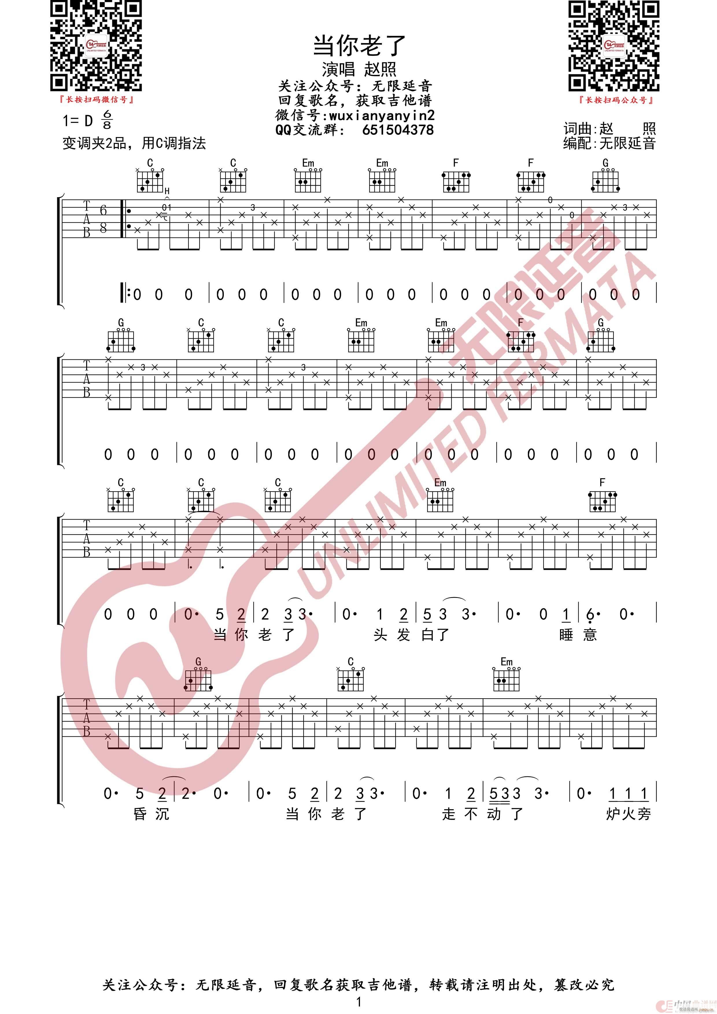 当你老了 无限延音编配(吉他谱)1