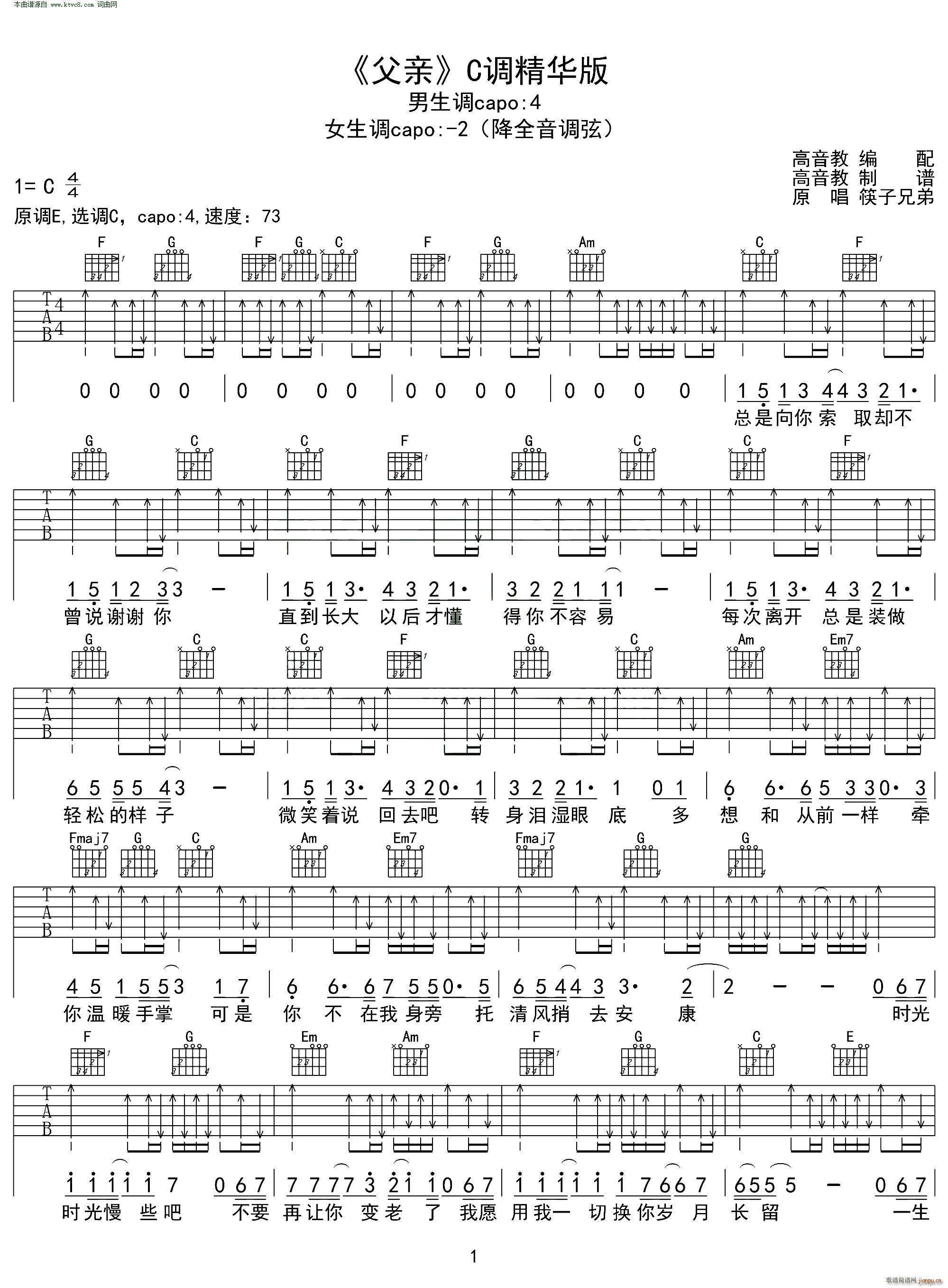 父亲 筷子兄弟 吉他弹唱教学C调精华版(吉他谱)1