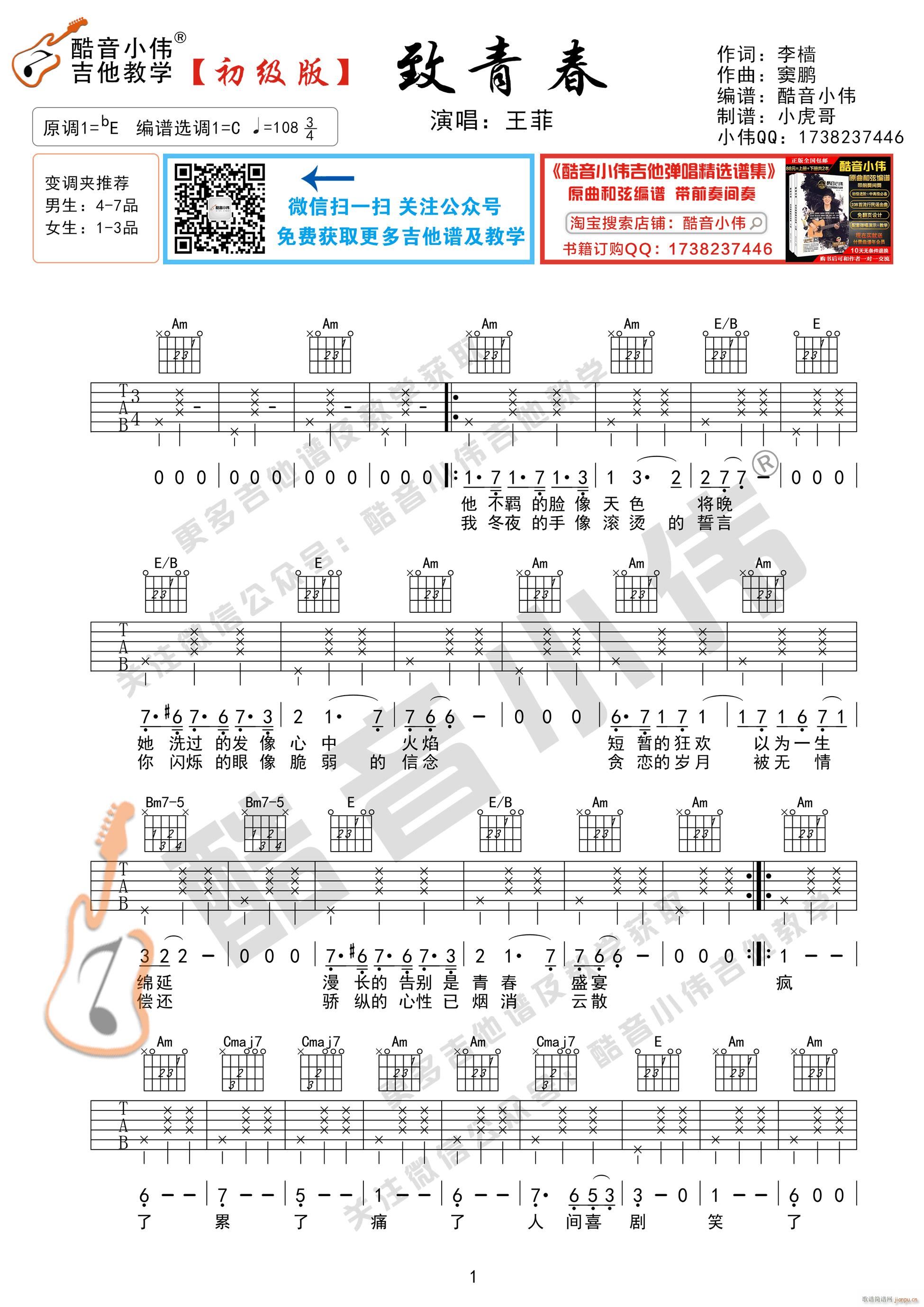 致青春 初级版 酷音小伟吉他弹唱教学(吉他谱)1