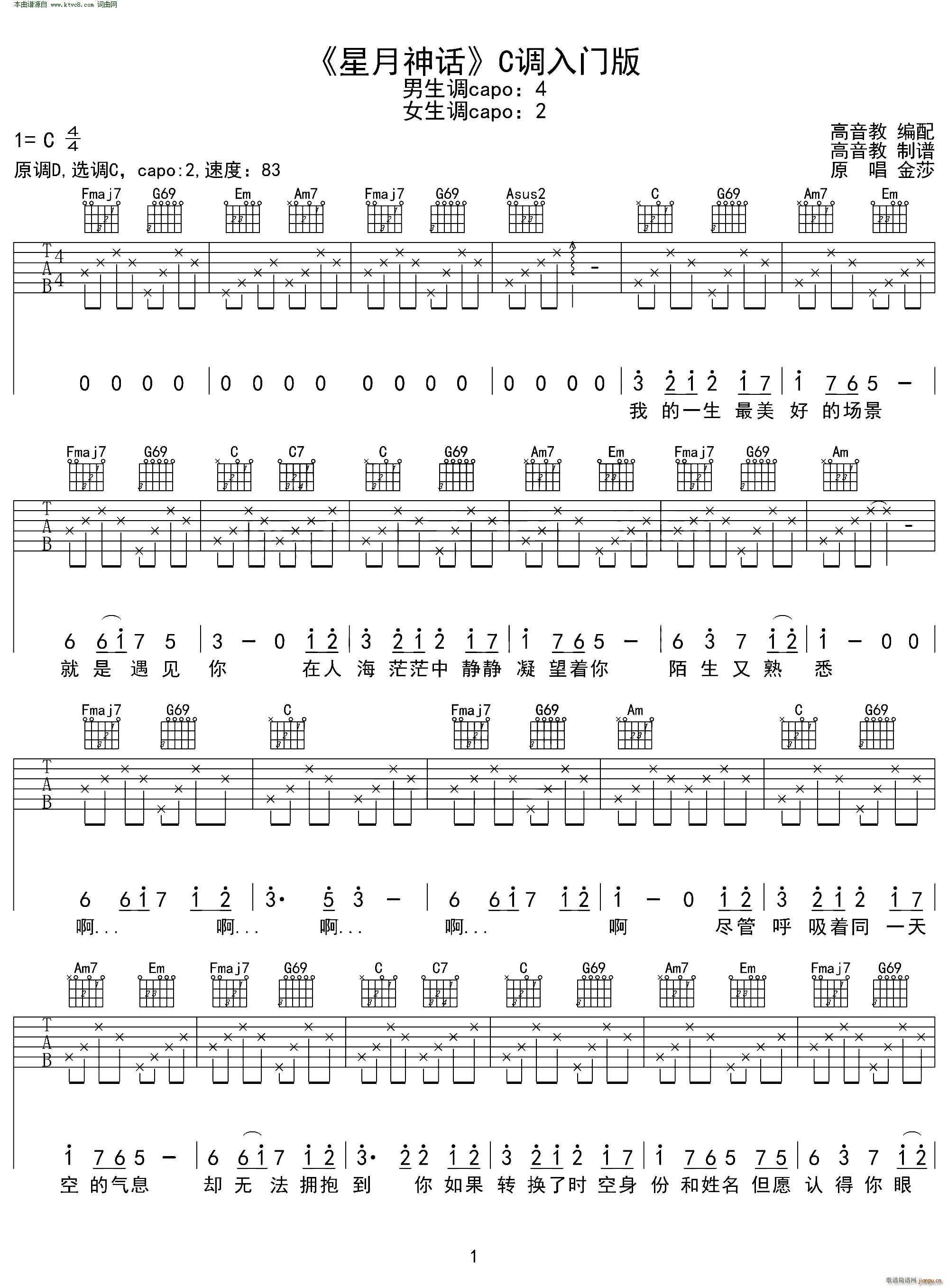 星月神话 C调入门版(吉他谱)1