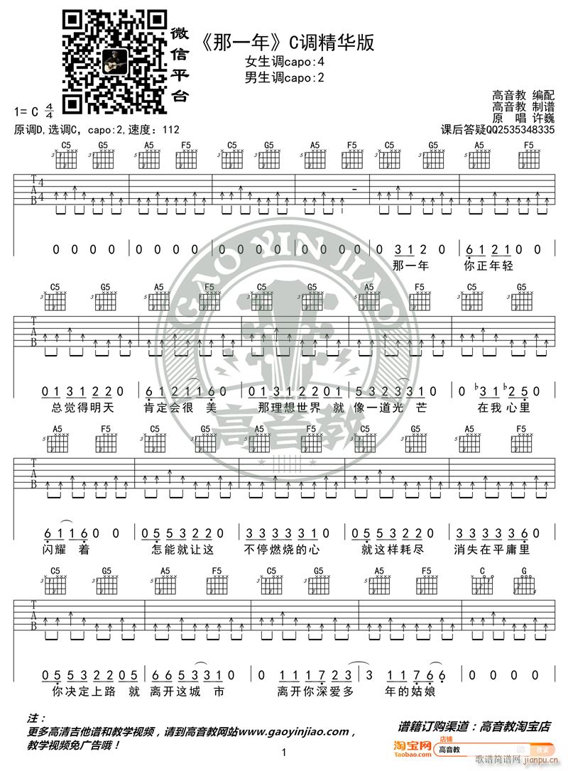 许巍 那一年 C调精华版 高音教编配 猴哥吉他教学(吉他谱)1