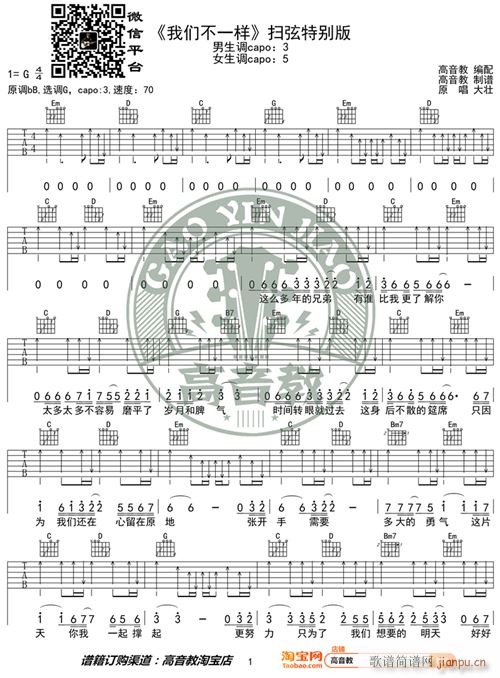 我们不一样 扫弦特别版 高音教编配 猴哥吉他教学(吉他谱)1