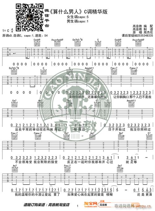 算什么男人 C调精华版 周杰伦 高音教编配 猴哥吉他教学(吉他谱)1