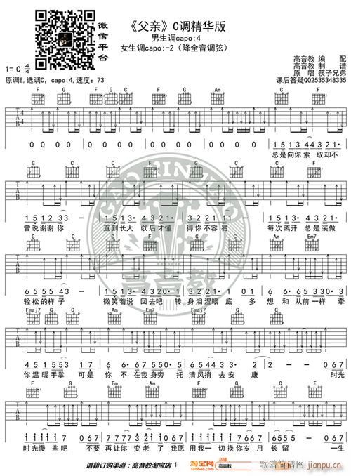 父亲 C调精华版 裤子兄弟 高音教编配 猴哥吉他教学(吉他谱)1