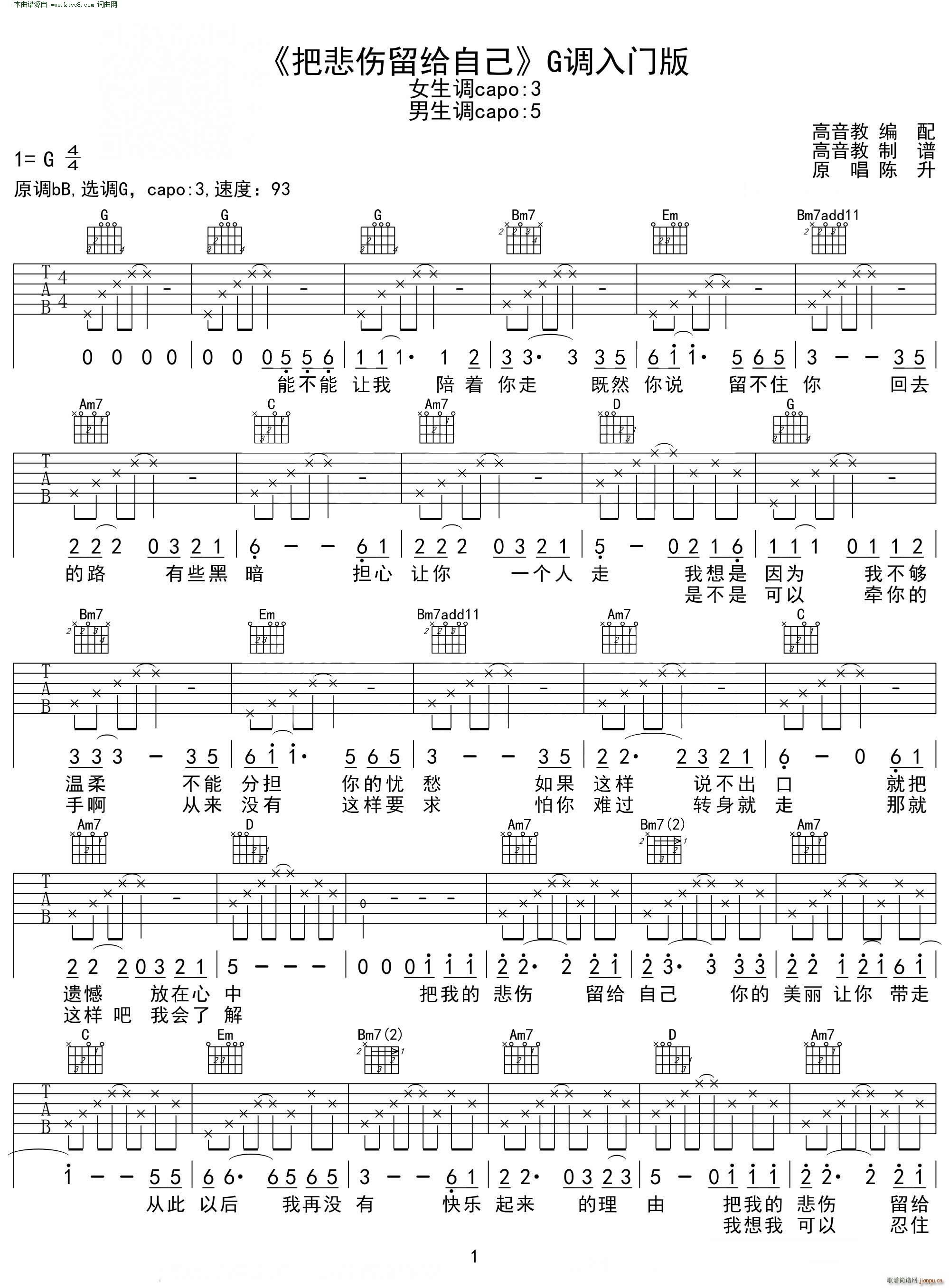 把悲伤留给自己 G调入门版 高音教(吉他谱)1