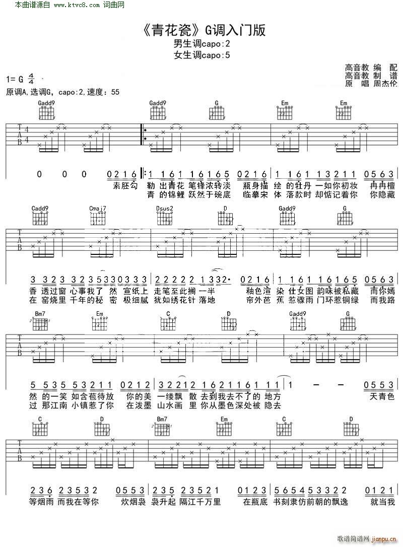 青花瓷 吉他弹唱教学G调入门版(吉他谱)1