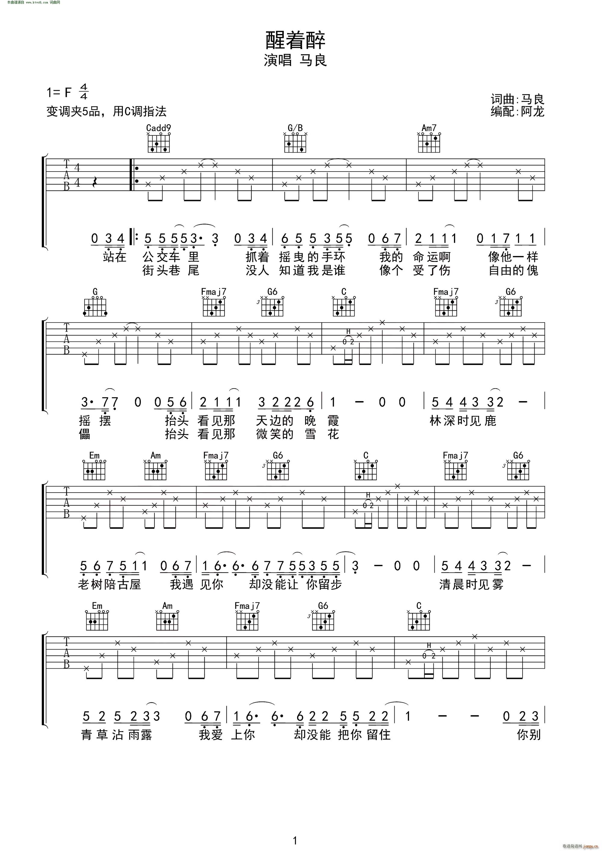 醒着醉 C调指法 无限延音编配(吉他谱)1